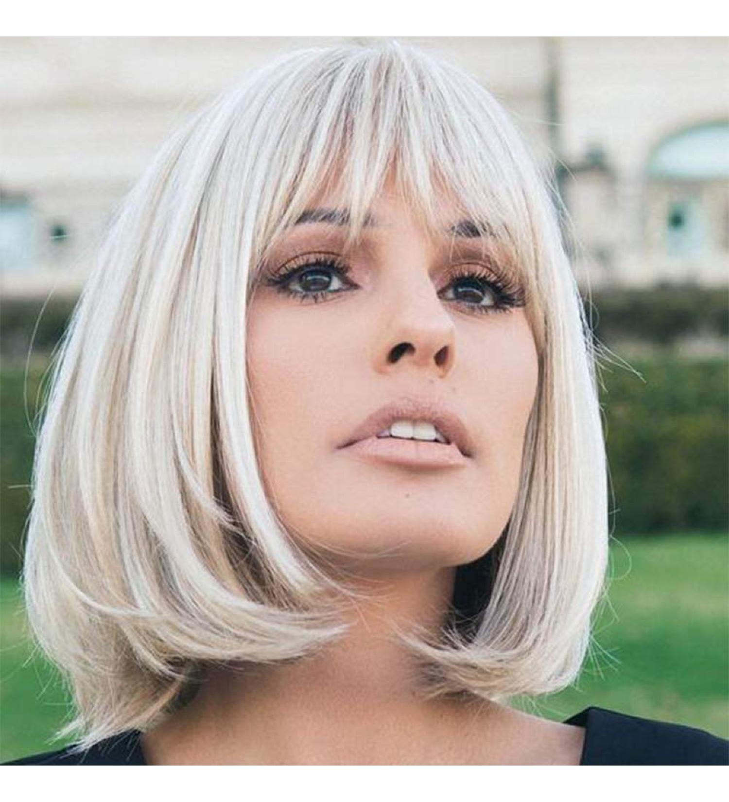HAIRCUBE 12 Inch Blonde to White Bob Wig with Bangs | Ombre to Blonde Synthetic Heat Resistant Hair for Women - Creamy White - Buy Online on GoSupps.com