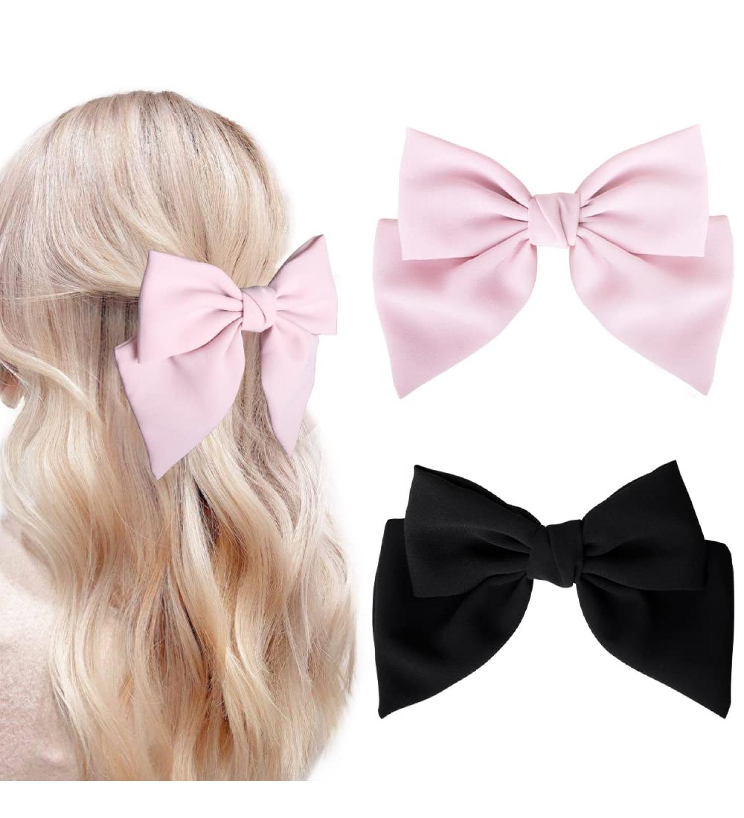 Large Satin Hair Bows 2PCS Set for Women and Girls - Black & Pink | Double Layer Bowknot Barrettes French Hair Accessories - Buy Online on GoSupps.com