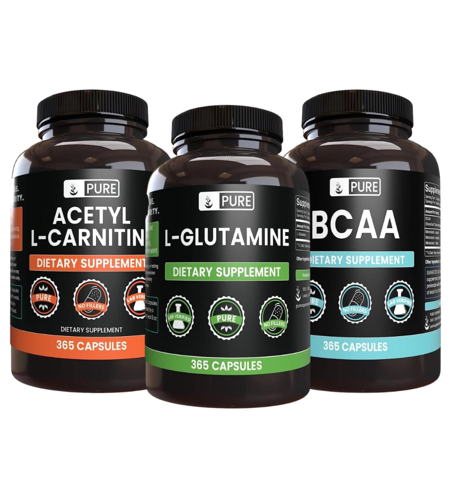 Pure Original Ingredients Acetyl L-Carnitine L-Glutamine and BCAA Capsule Bundle (365 Capsules Each) No Magnesium or Rice Fillers - Buy Online on GoSupps.com