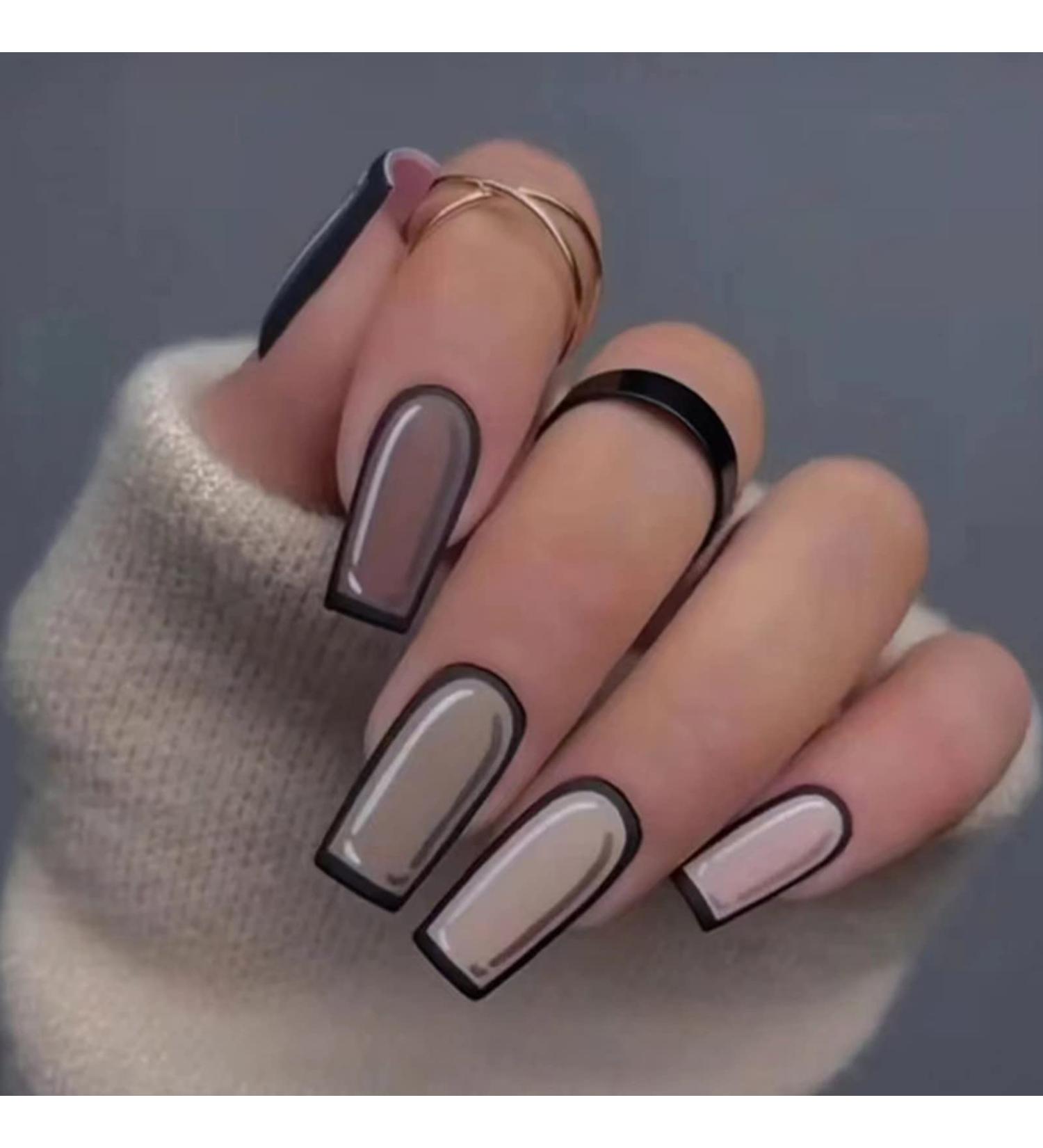 Justotry 24 Pieces Coffin Nails - Glossy Grey & Black French Press-On Nails with Glue | Medium Ballerina Fake Nails for Women - Buy Online on GoSupps.com
