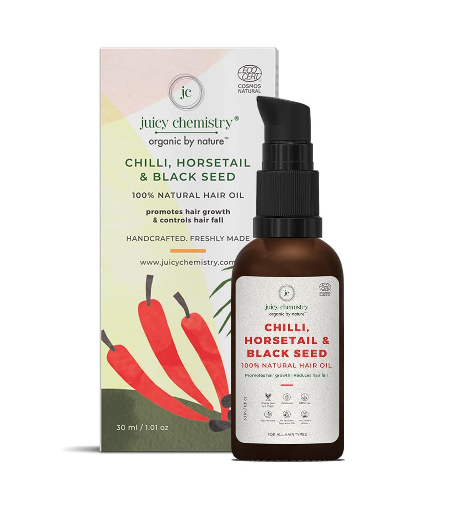 Juicy Chemistry Chilli Horsetail & Blackseed Hair Oil- 30ml | Clinically Tested for Hair Growth & Fall Control | 100% Certified Natural | Men & Women | Crimson Red - Buy Online on GoSupps.com