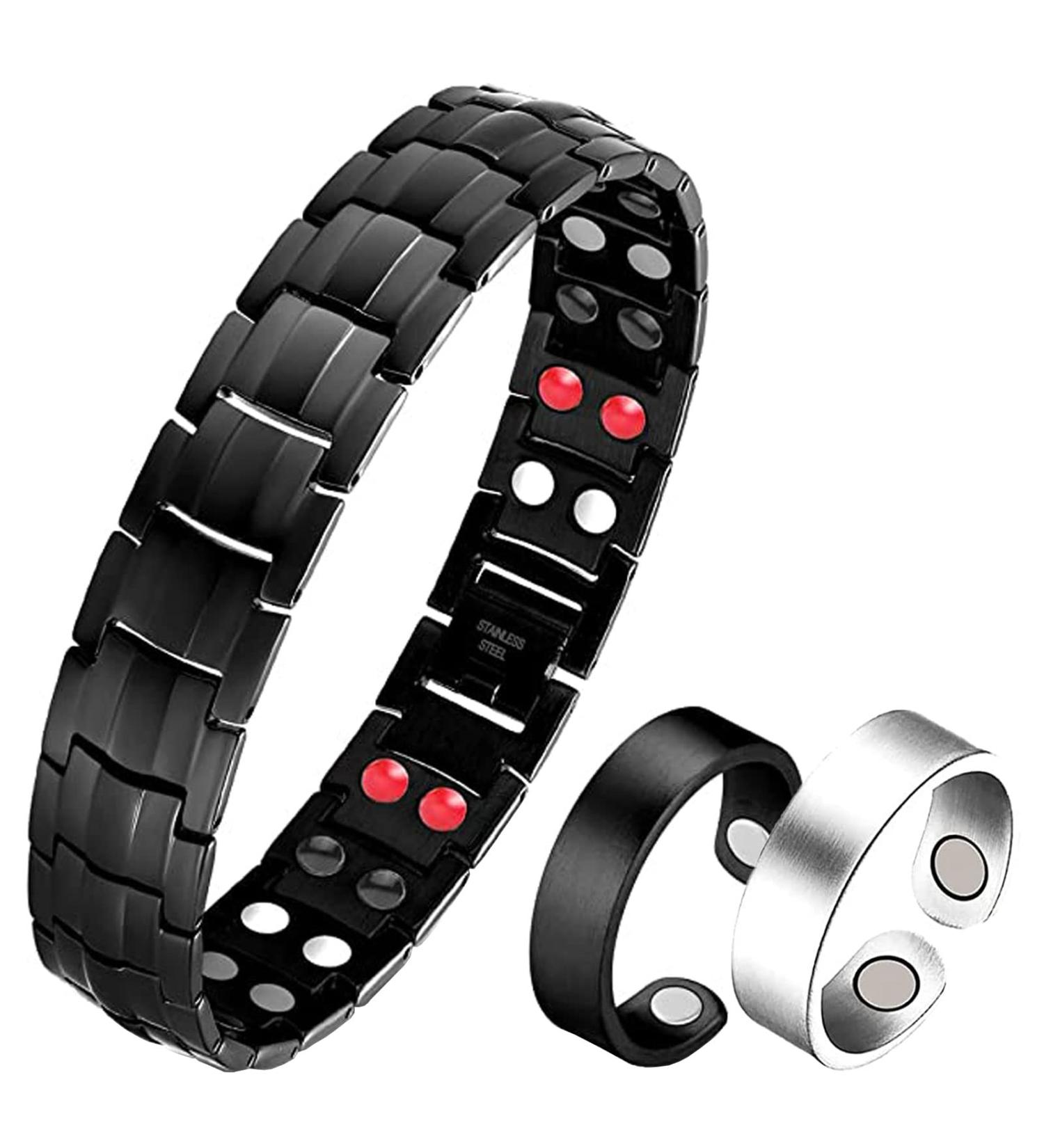 Loccy Magnetic Therapy Bracelet for Men Titanium Steel Arthritis Pain Relief | Double-Row Magnetic Tape & 2x Rings | Ideal Gift for Birthdays Father's Day Anniversary Black - Buy Online on GoSupps.com