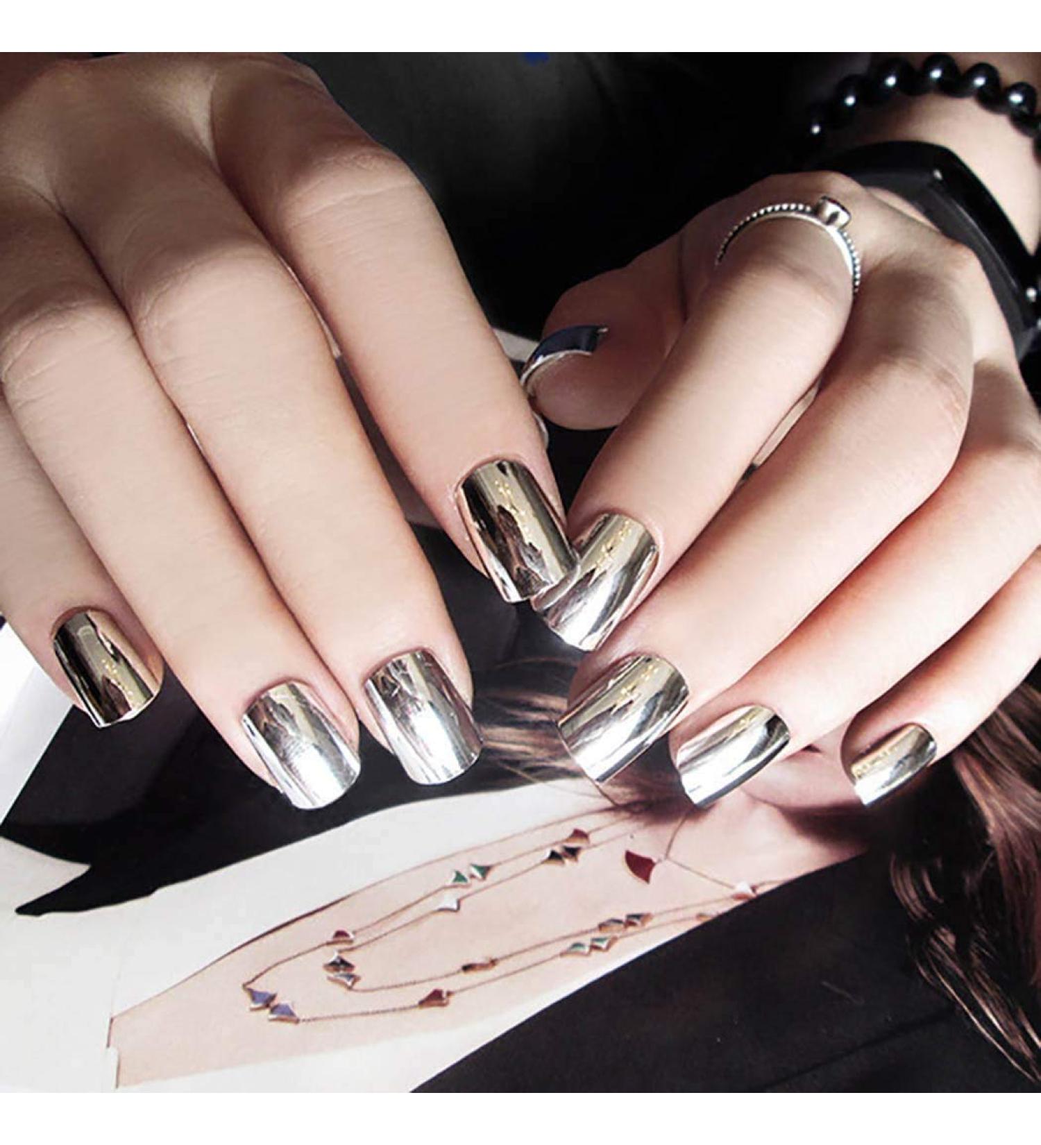 Fairvir False Nails Bling Artificial Metallic Mirror Sliver Full Cover Acrylic Fake Nails Fashion Party Clip on Nails for Women and Girls - Buy Online on GoSupps.com