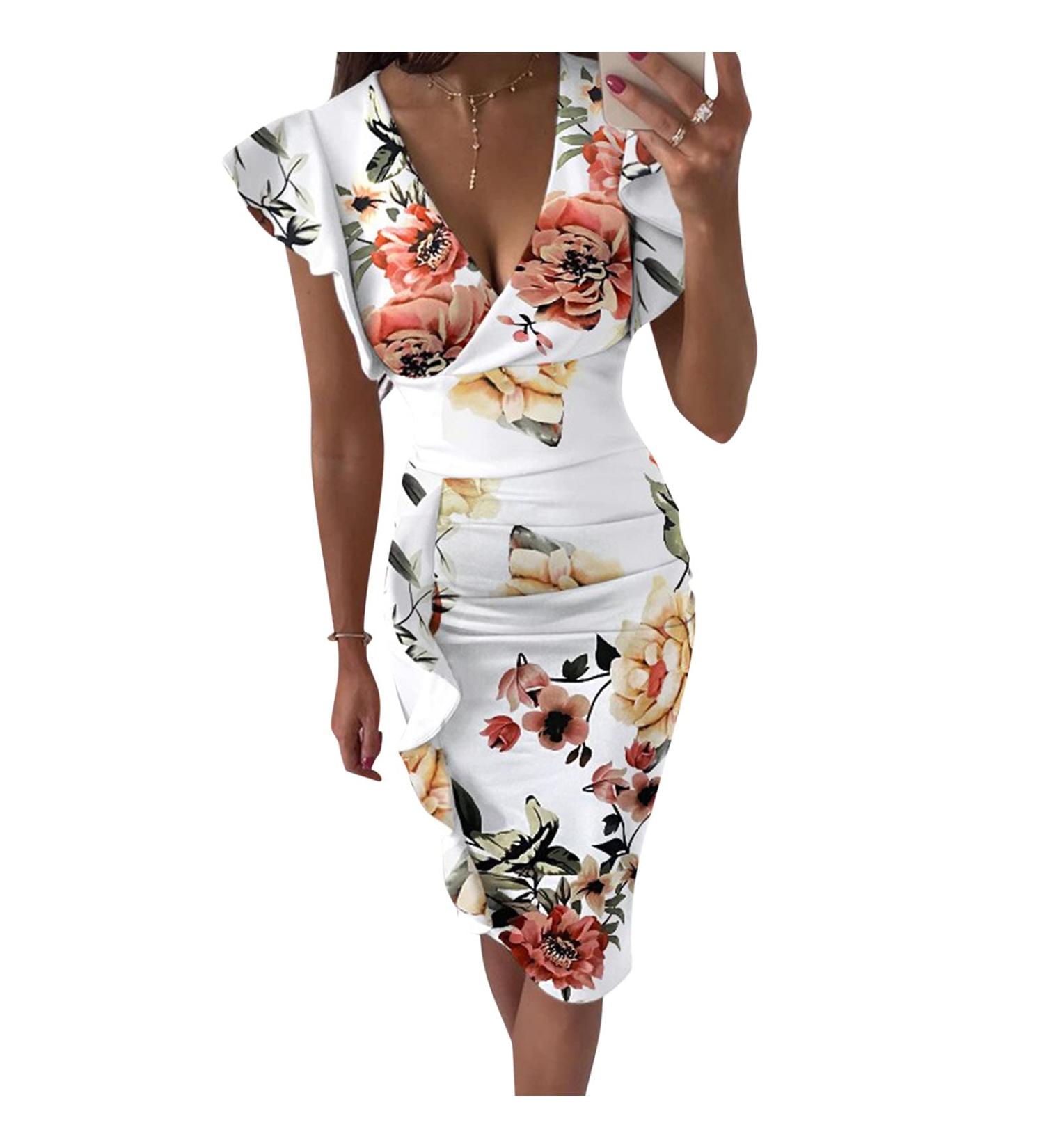 Briskorry Women's V-Neck Floral Business Dress - Elegant Summer Bustier Ruffled Hem Vintage Party Wear in XXL Khaki - Buy Online on GoSupps.com