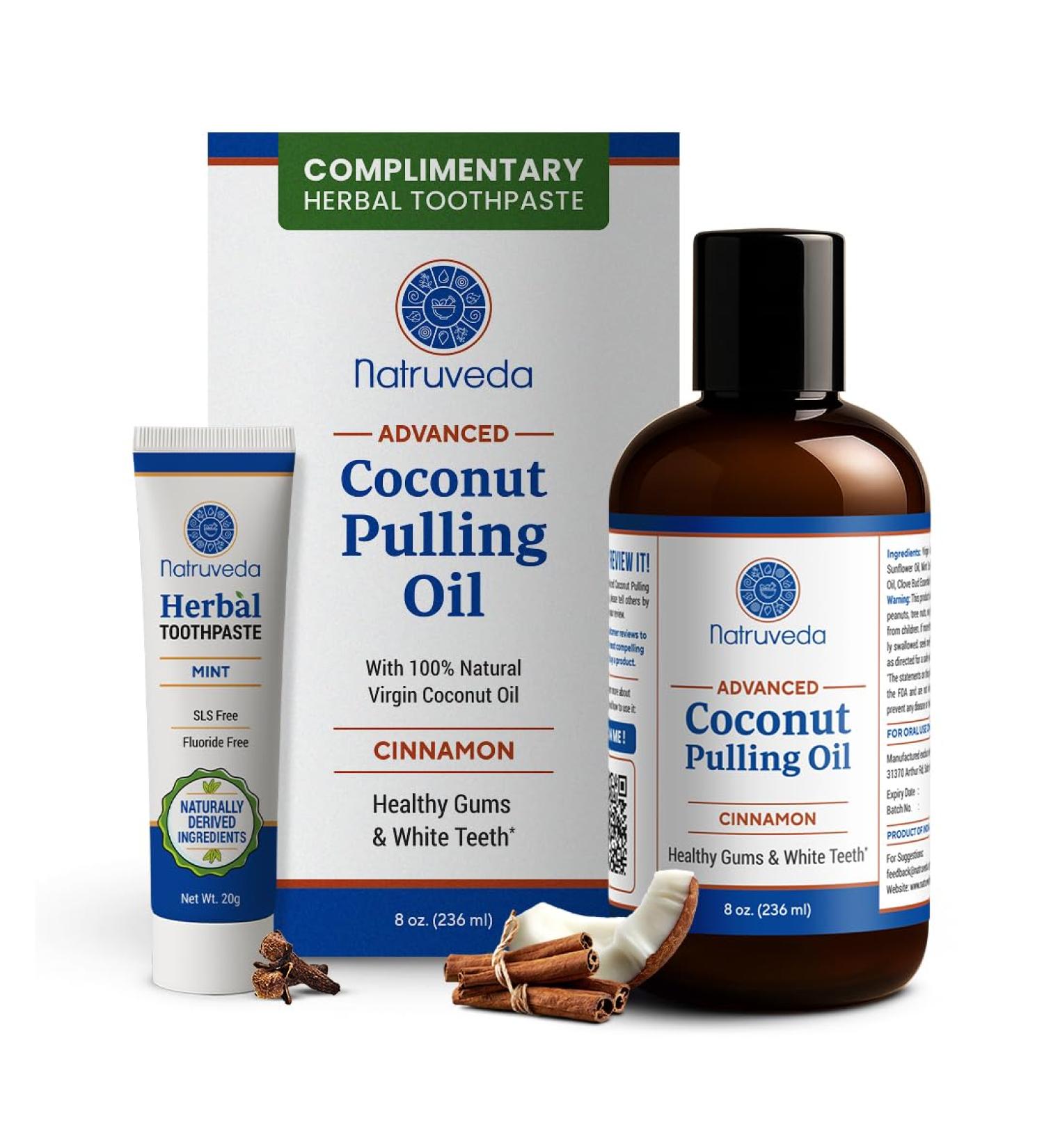 Cinnamon Coconut Pulling Oil 8 oz | Advanced Ayurvedic Oil Pulling Mouthwash with Virgin Coconut Oil Clove & Sesame | Alcohol-Free Oral Care | with 20g Herbal Toothpaste Cinnamon 8 Fl Oz (Pack of 1) - Buy Online on GoSupps.com