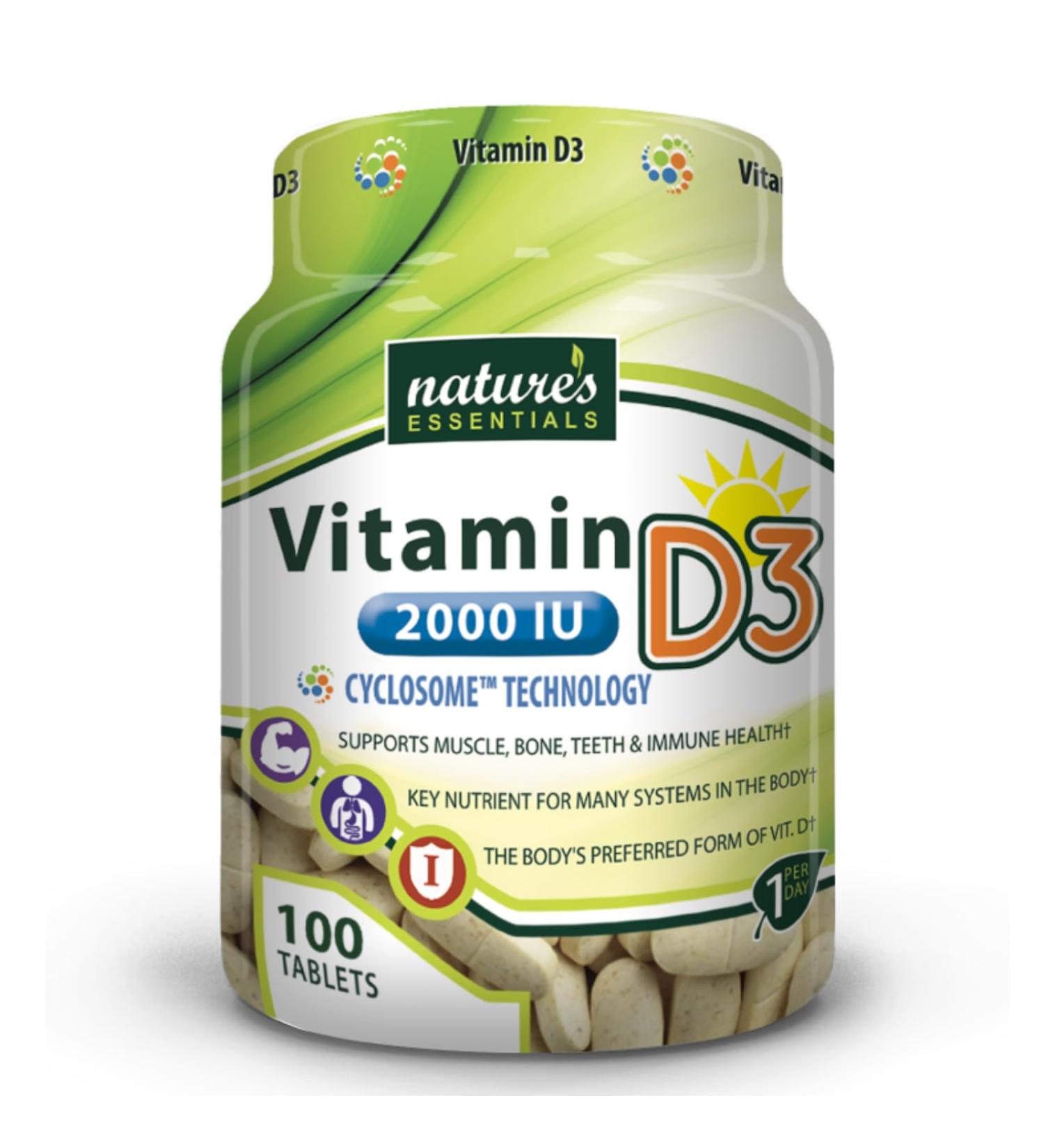 Buy NATURE'S ESSENTIALS Vitamin D3 2000IU - Immune Support Advanced Liposomal Delivery Non-GMO Gluten Free Vegetarian - 100 Tablets for Optimal Health - Buy Online on GoSupps.com