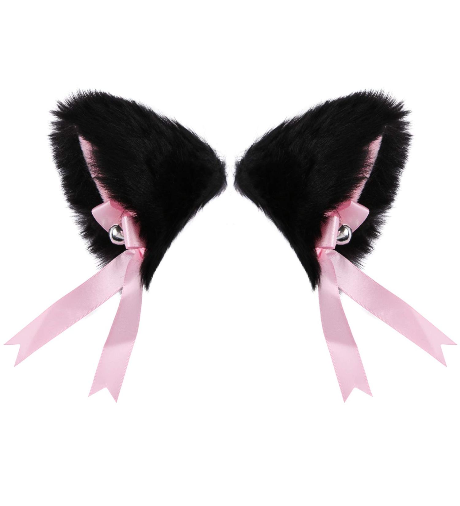 Faux Furry Cat Ears Hair Clip with Bell - Anime Cosplay Headband - Black and Pink - Buy Online on GoSupps.com