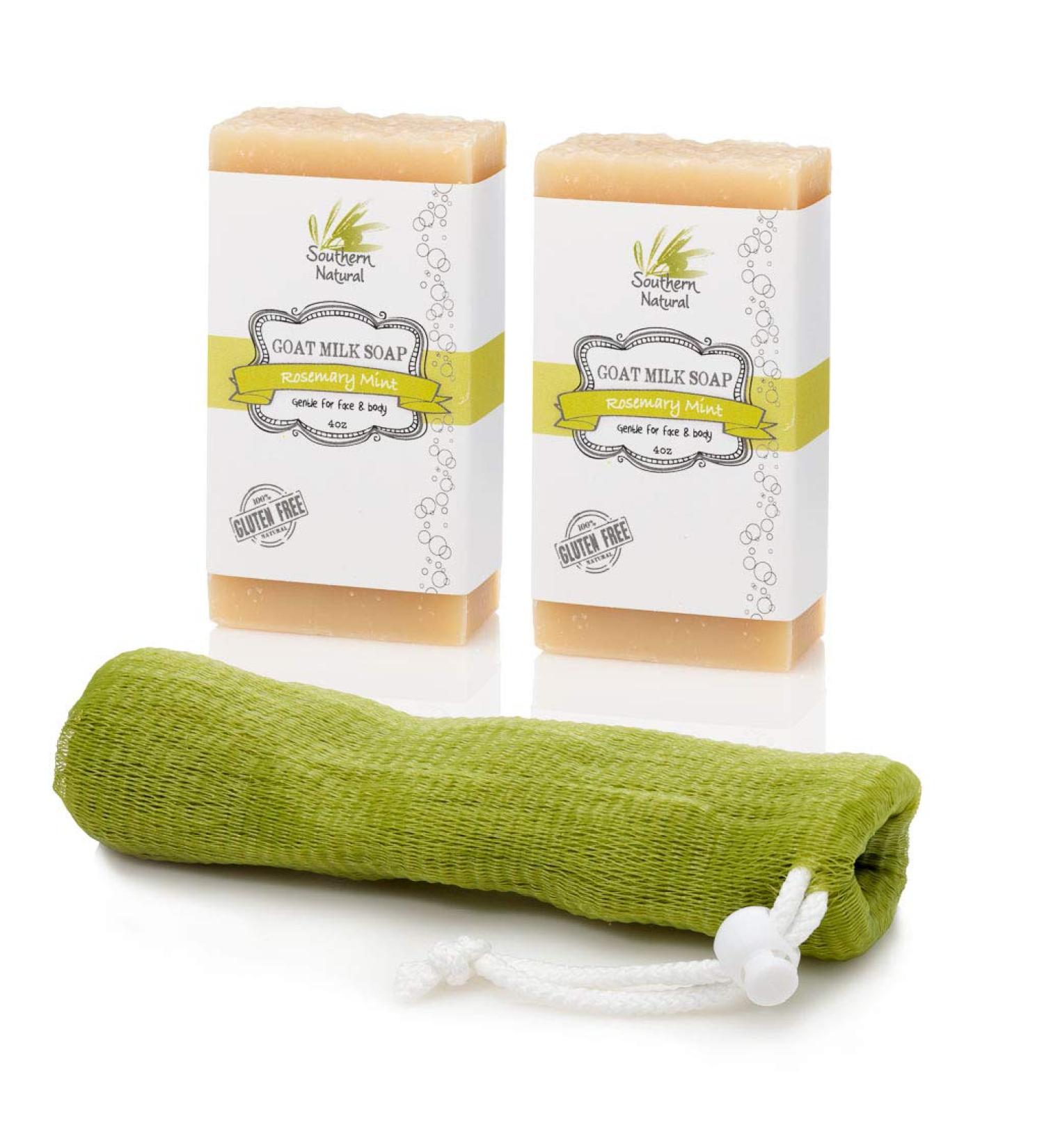 Southern Natural Goat Milk Soap Bar 2 Pack Rosemary Mint | Gentle for Dry Sensitive Skin | Face & Body | 4-4.5 oz with Bonus Soap Sock - Buy Online on GoSupps.com
