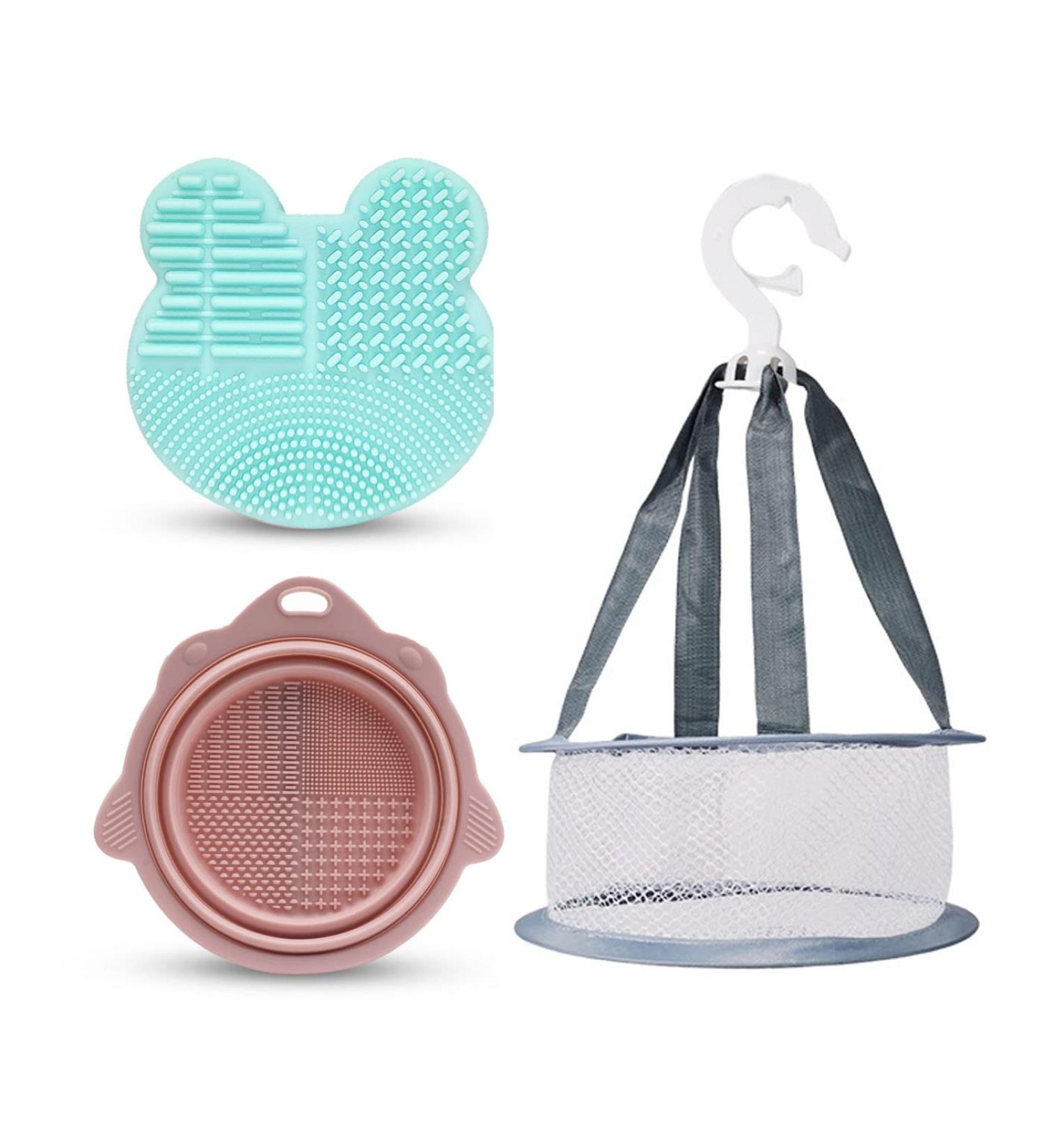 VOVCIG 3pcs Makeup Brush Cleaner Mat & Portable Drying Net - Silicone Cleaning Pad for Sponges & Powder Puffs - Foldable Washing Tools for Easy Brush Care - Buy Online on GoSupps.com