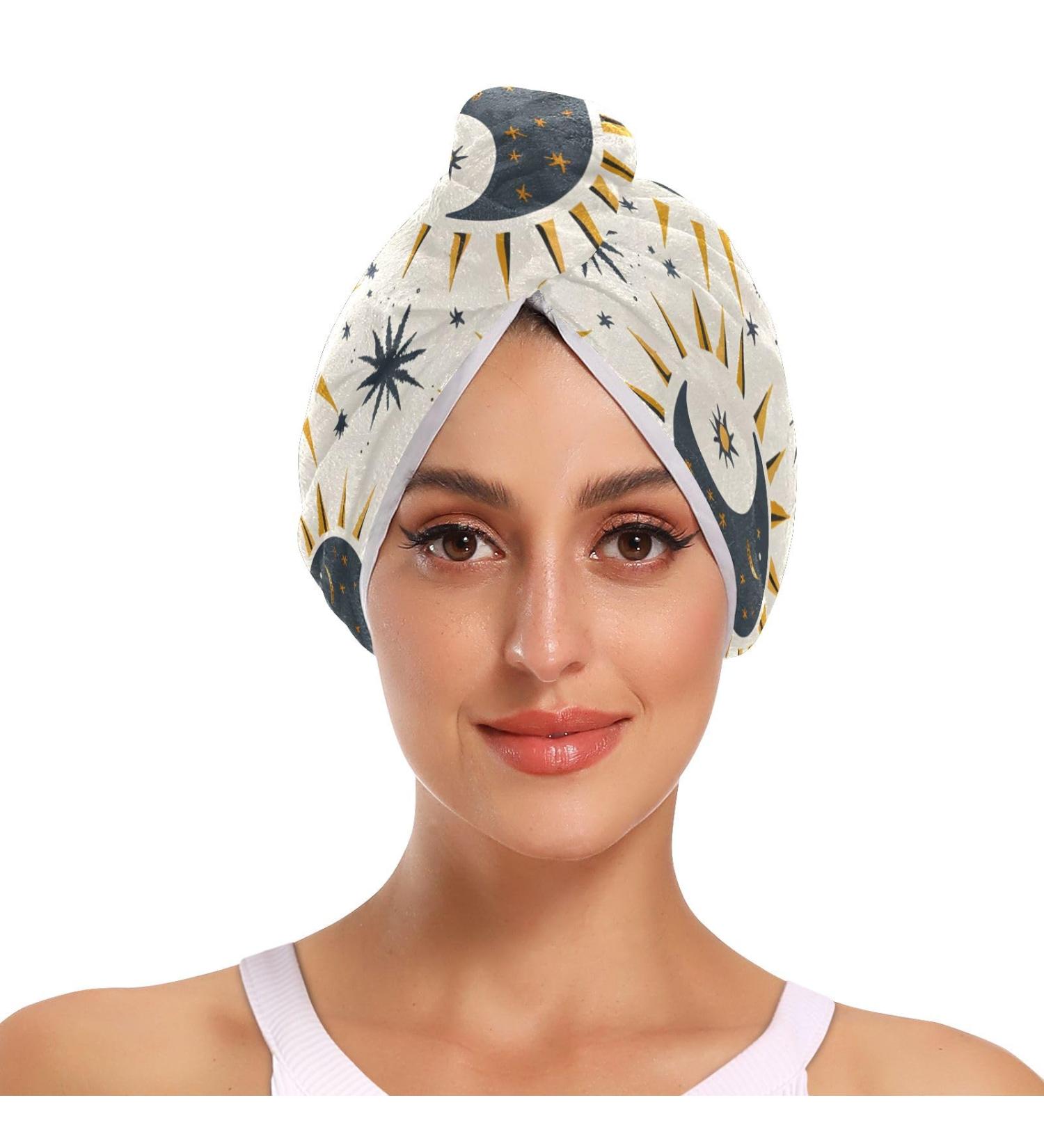 Sun Moon Stars Hair Towel 2 Pack | Super Absorbent Quick Dry Hair Turbans for Women & Girls - Buy Online on GoSupps.com