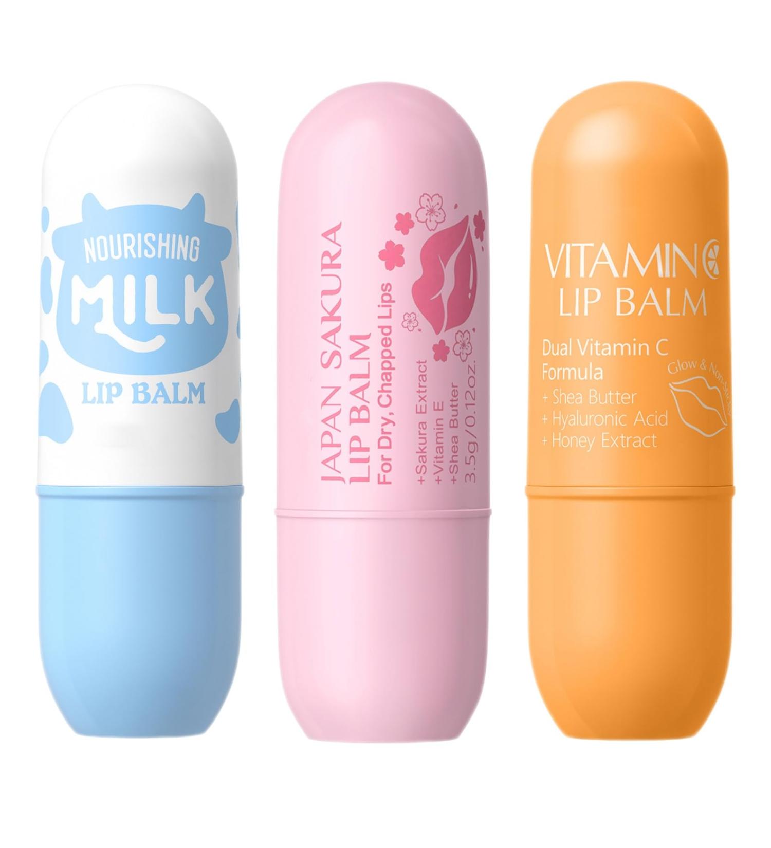 Cherry Blossom Vitamin C Milk Lip Balm Set 3 Pack Nourishing Lip Balm Moisturizer for Dry Chapped Dullness Lips Prevents Cracks Plump Soft Radiant Smooth Lip Skin Women & Girls - Buy Online on GoSupps.com