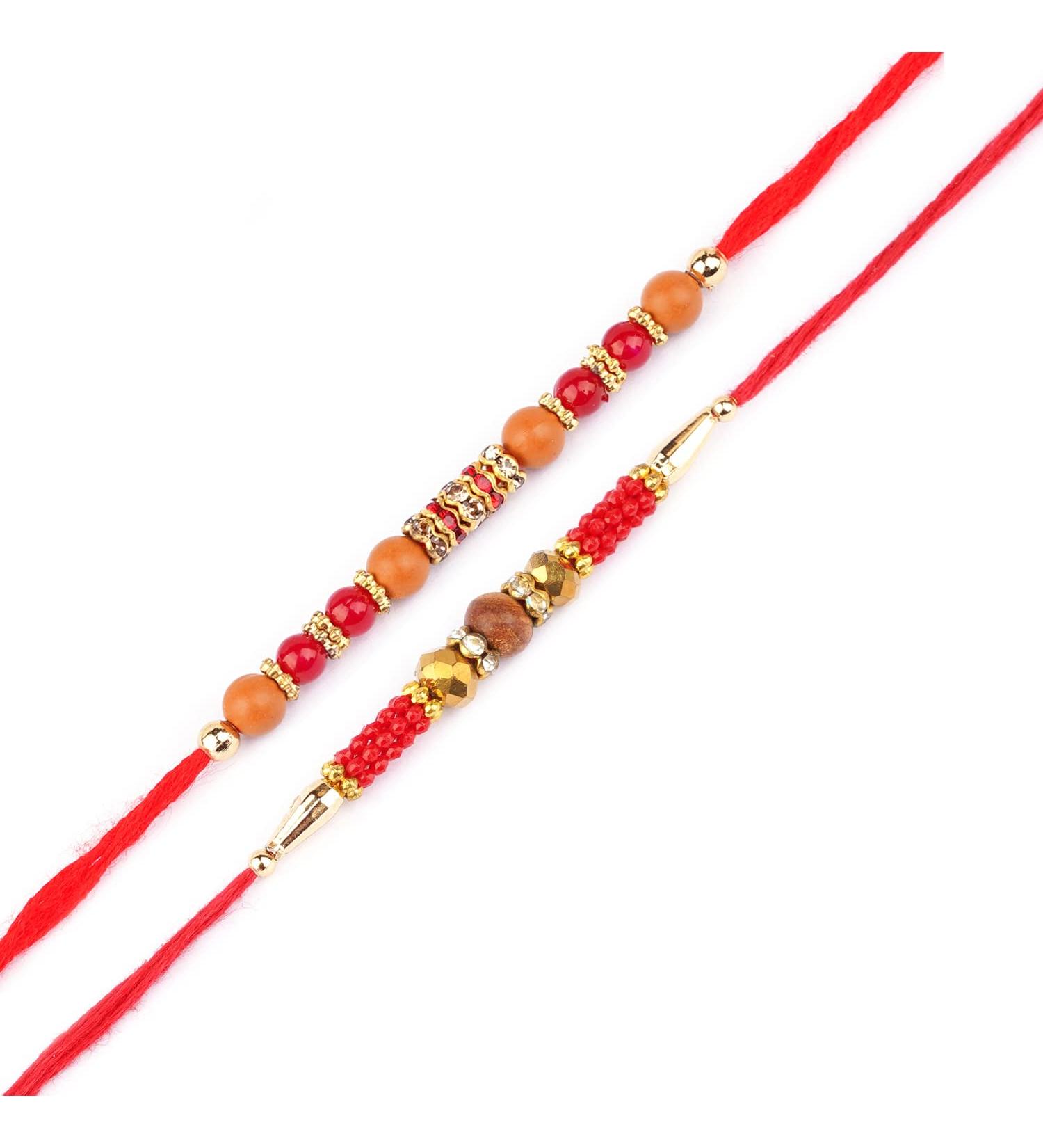Ghasitaram Gifts Rakhi for Brother Rakhis Online - Set of 2 Glittering Thread and Multicolour Stone Premium Rakhis with 200 GMS of Kaju katli and 200 GMS of Soan Papdi - Buy Online on GoSupps.com