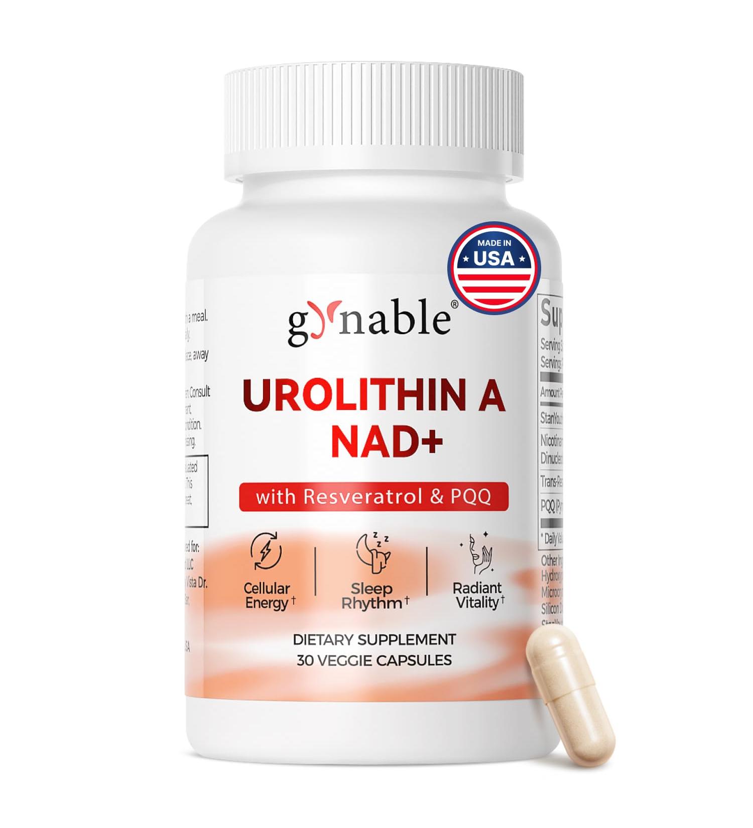 Gynable Urolithin A NAD+ Complex with Trans-Resveratrol & PQQ - Cellular Energy & Muscle Strength,Longevity Supplement for Sleep & Focus,Mitochondrial Health - NR NMN Alternative Made & Tested in USA 1 - Buy Online on GoSupps.com