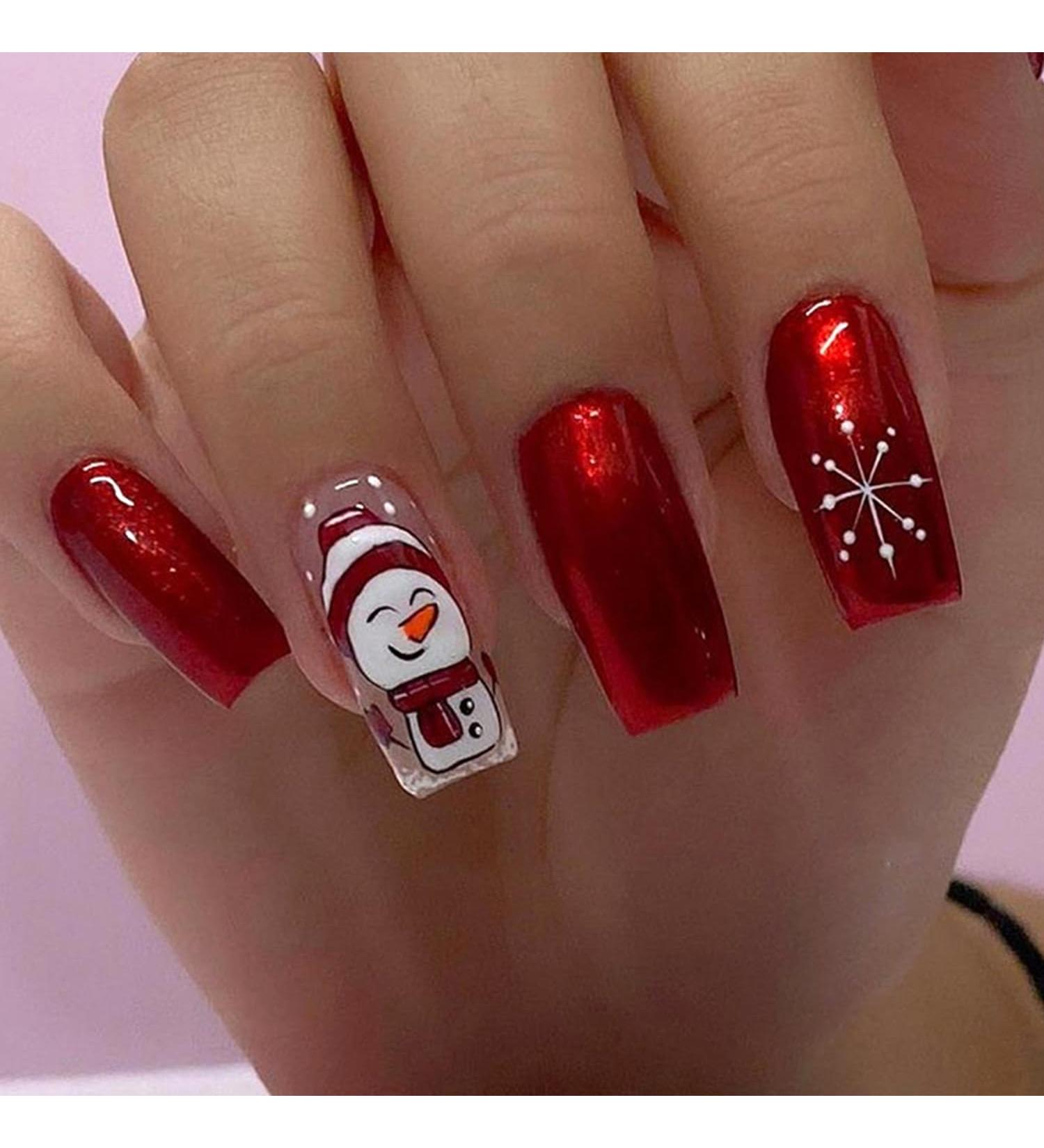 Christmas Press on Nails Cute Snowman & Snowflake Design | Glossy Red False Nails | Medium Square | Reusable Stick-on Nails for Holiday Manicure - Buy Online on GoSupps.com