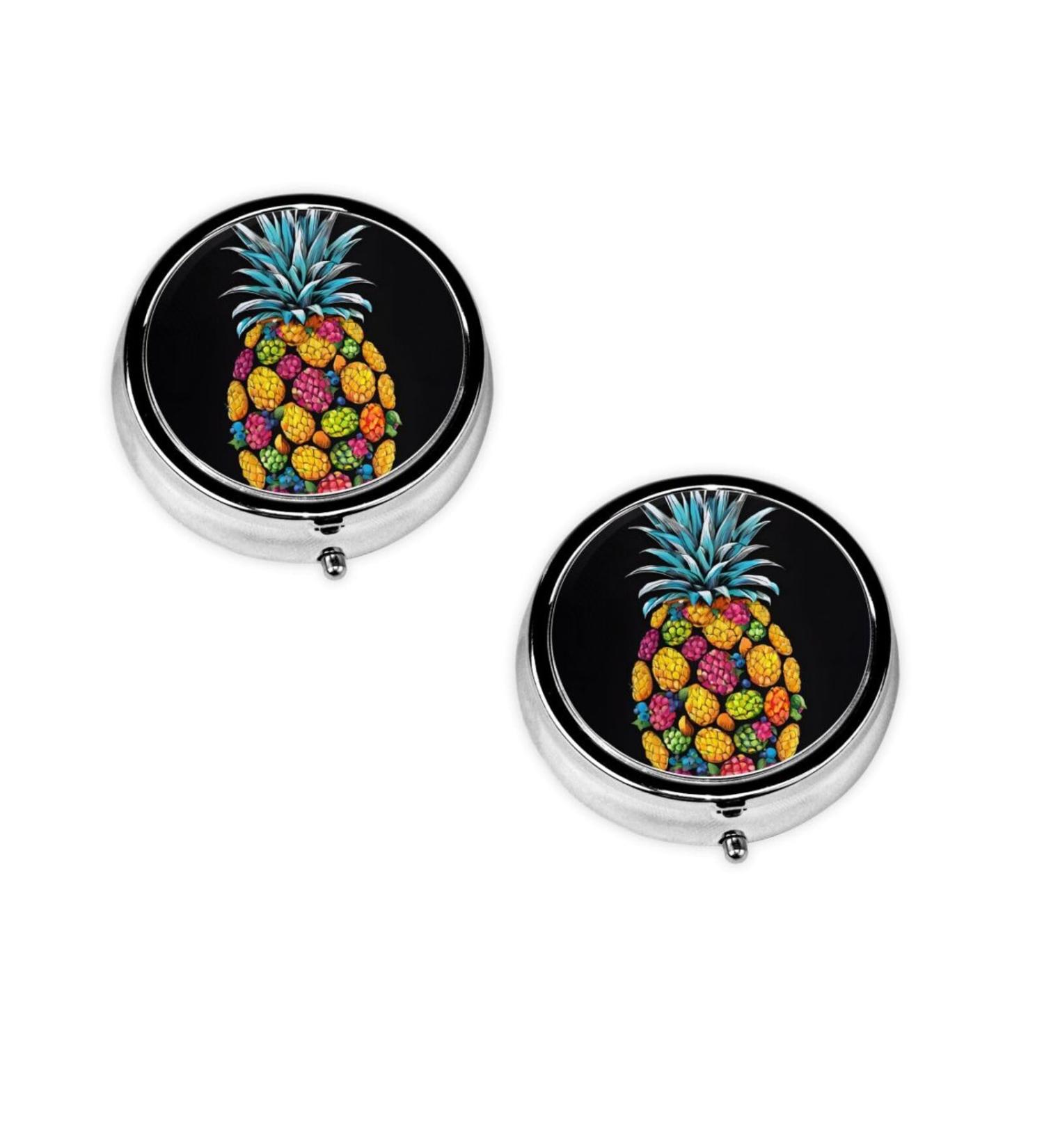 Colorful Pineapple Printed Mini Round Pill Box - 3 Compartment Travel Pill Organizer | Portable Medicine Case for Home & Office - Buy Online on GoSupps.com
