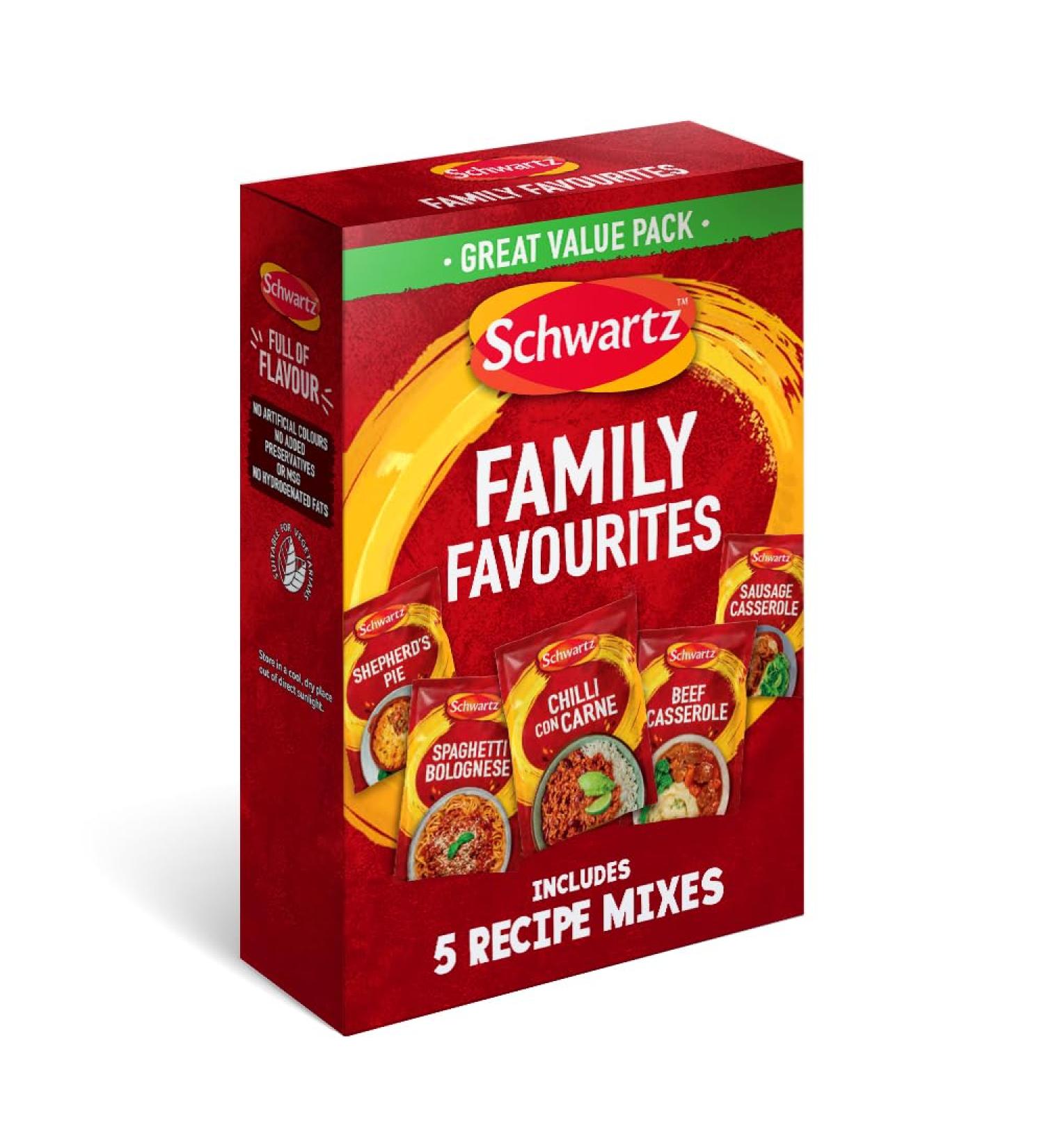 Schwartz Family Favourites Bundle | One Pack Serves 4 | Pack of 5 Recipe Mixes | Shepherd's Pie | Spaghetti Bolognese | Chilli Con Carne | Beef Casserole | Sausage Casserole | Suitable for Vegetarians - Buy Online on GoSupps.com