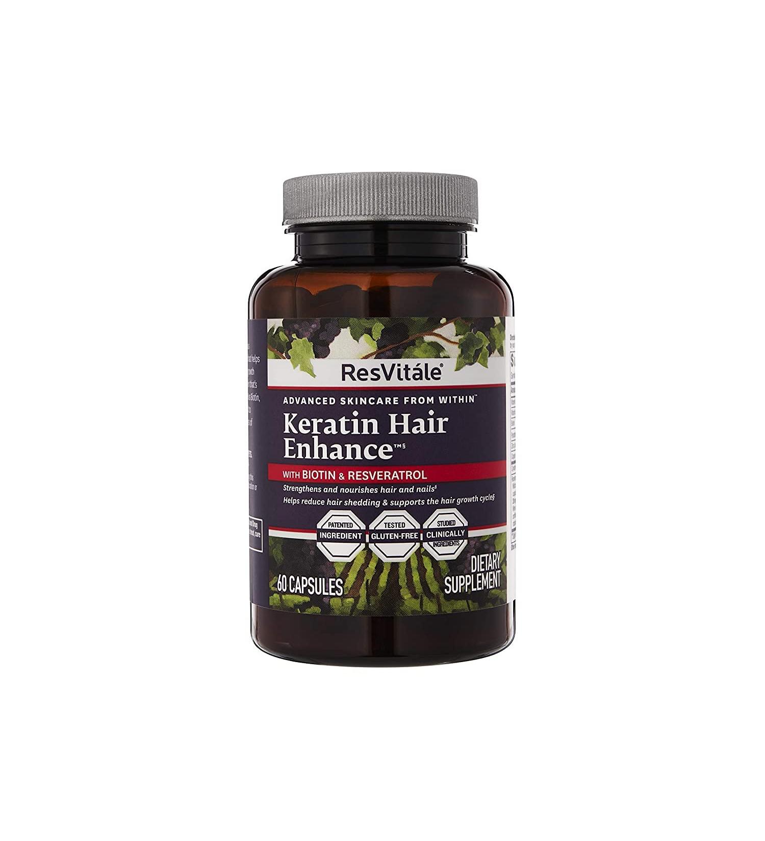 ResVitale Keratin Hair Enhance - Hydrolyzed Keratin Complex for Hair Skin and Nails - Cynatine HNS Keratin Hair Booster w/ Resveratrol, Grape Seed Extract, Biotin & Other Hair Growth Vitamins, 60 Caps