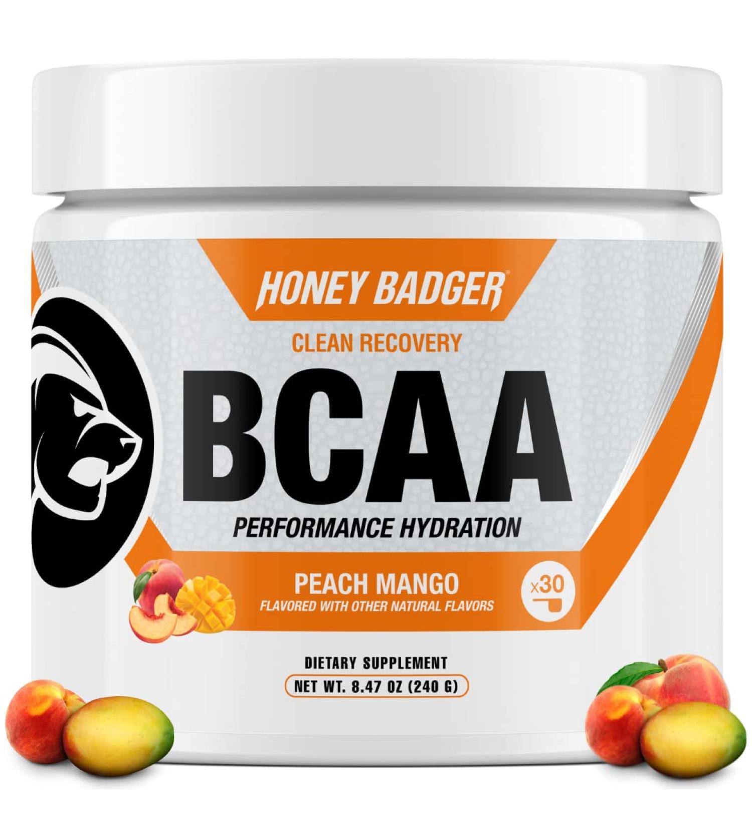 Honey Badger BCAA Amino Acids Powder - Peach Mango Flavor | Vegan Keto BCAAs + EAA for Men & Women | Electrolytes for Hydration & Recovery | Sugar Free & Paleo - 30 Servings - Buy Online on GoSupps.com