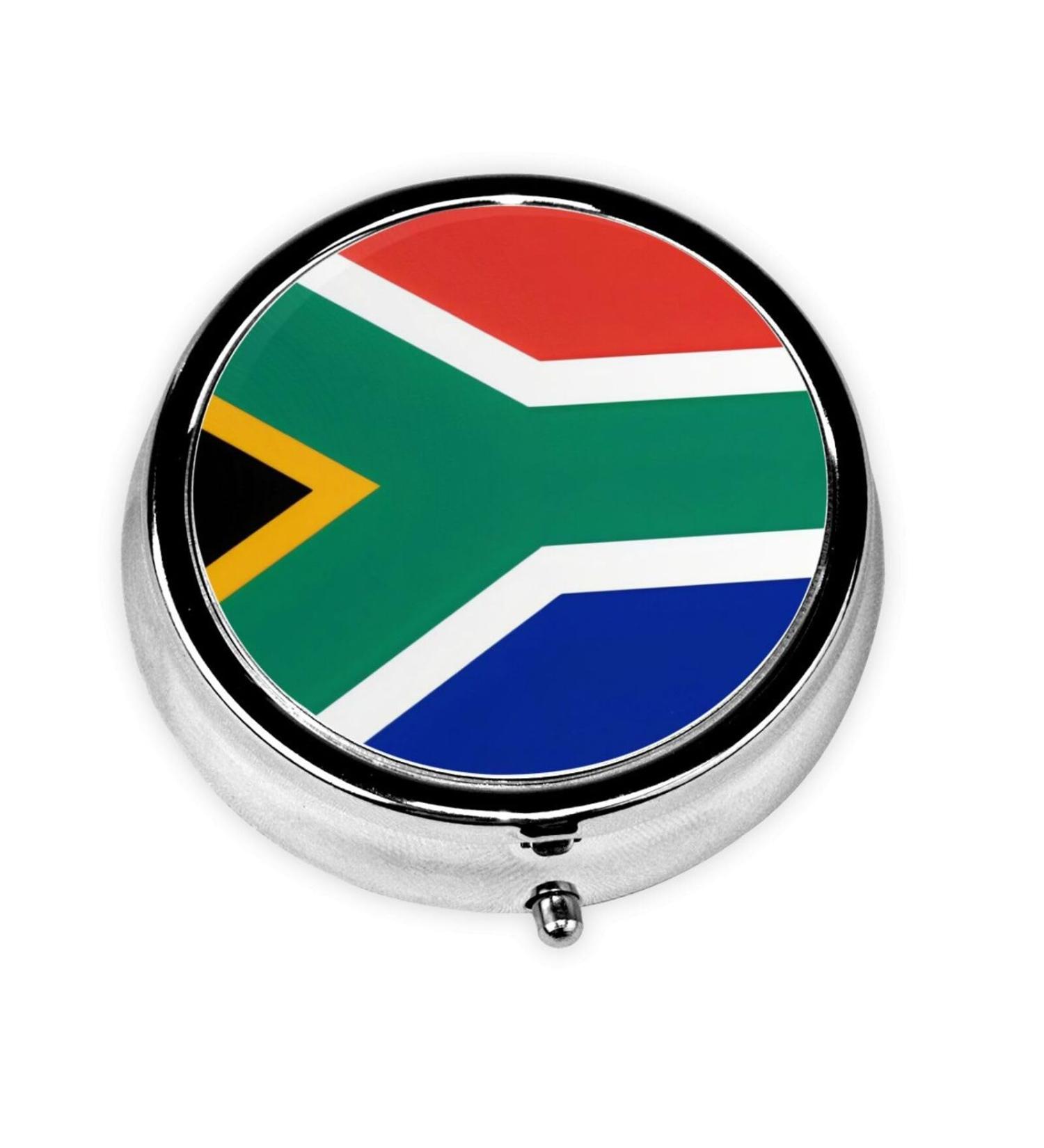 South Africa Flag Portable Metal Pill Box - Round Mini 3-Compartment Design for Small Pills Ideal for Travel - Buy Online on GoSupps.com
