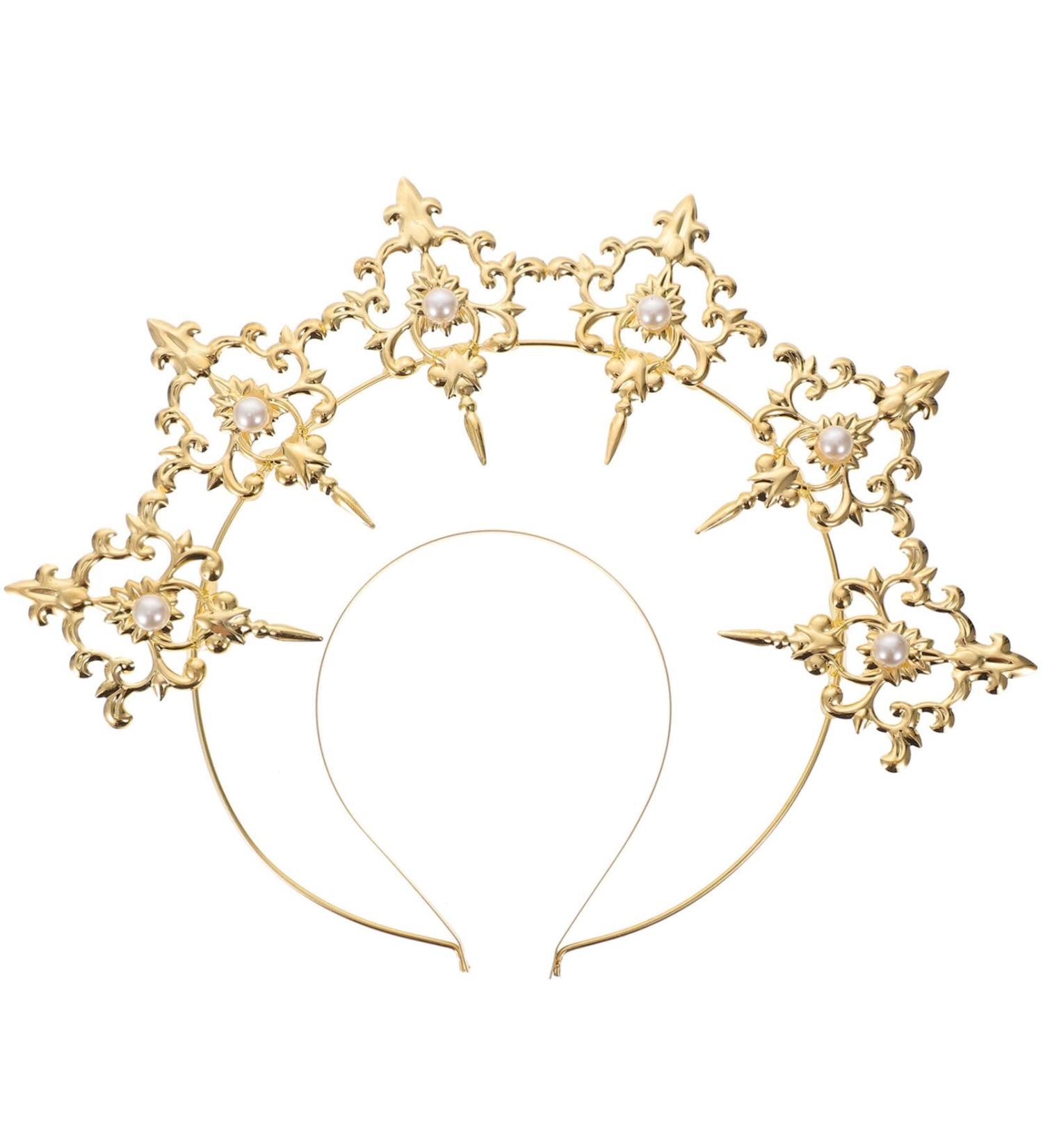 Lurrose Golden Crown Headband - Mary Goddess Tiaras for Weddings Halloween Costumes & Cosplay Parties | 33x25cm Headdress - Buy Online on GoSupps.com