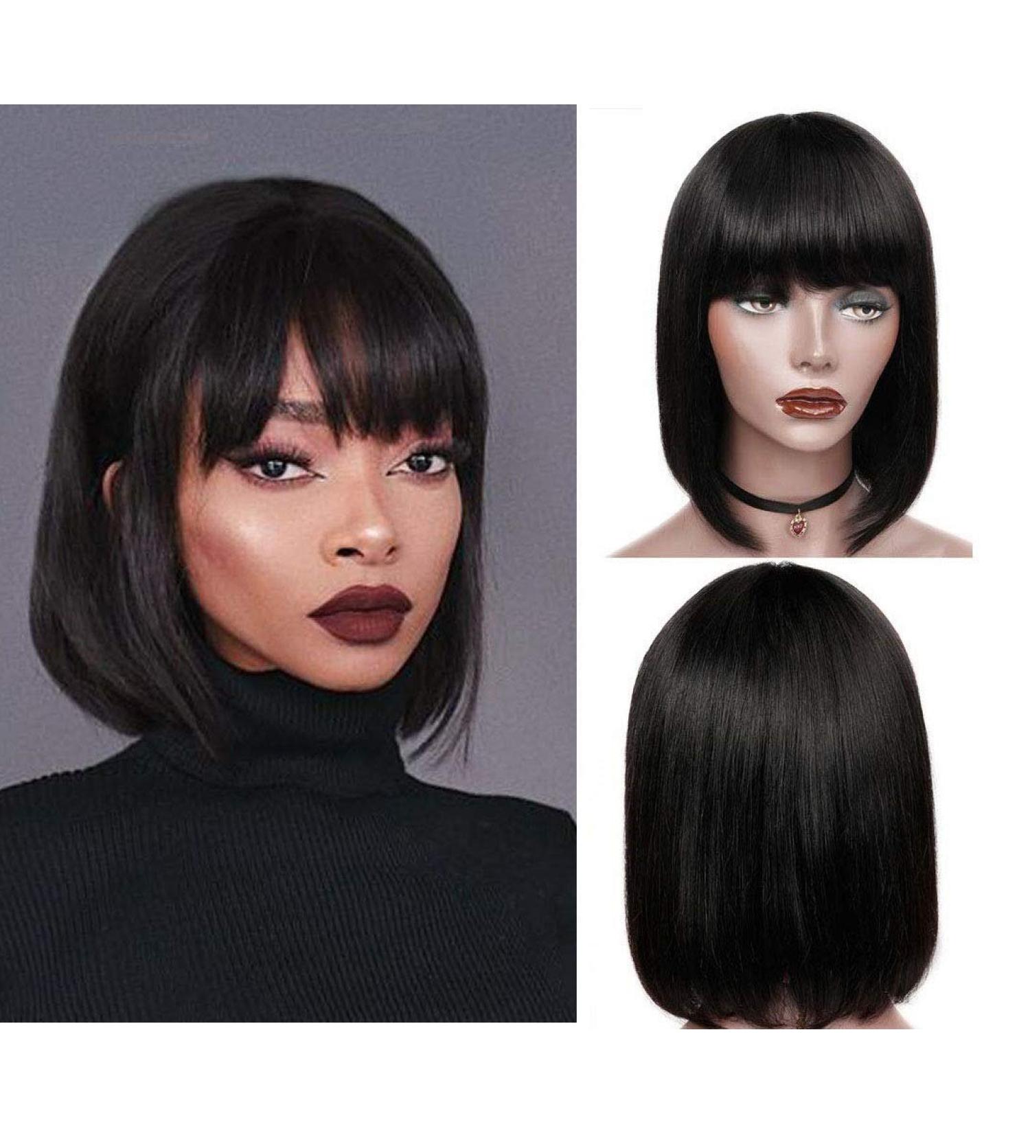 Ifly Brazilian Straight Bob Wig with Bangs - 12 Inch Real Human Hair 150% Density Natural Color Lace Front Free - Buy Online on GoSupps.com