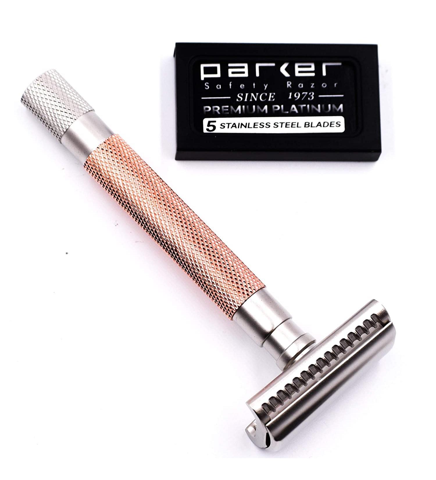 Parkers Semi Slant Safety Razor & 5 Premium Double Edge Blades - Rose Gold | International Shipping Available - Buy Online on GoSupps.com