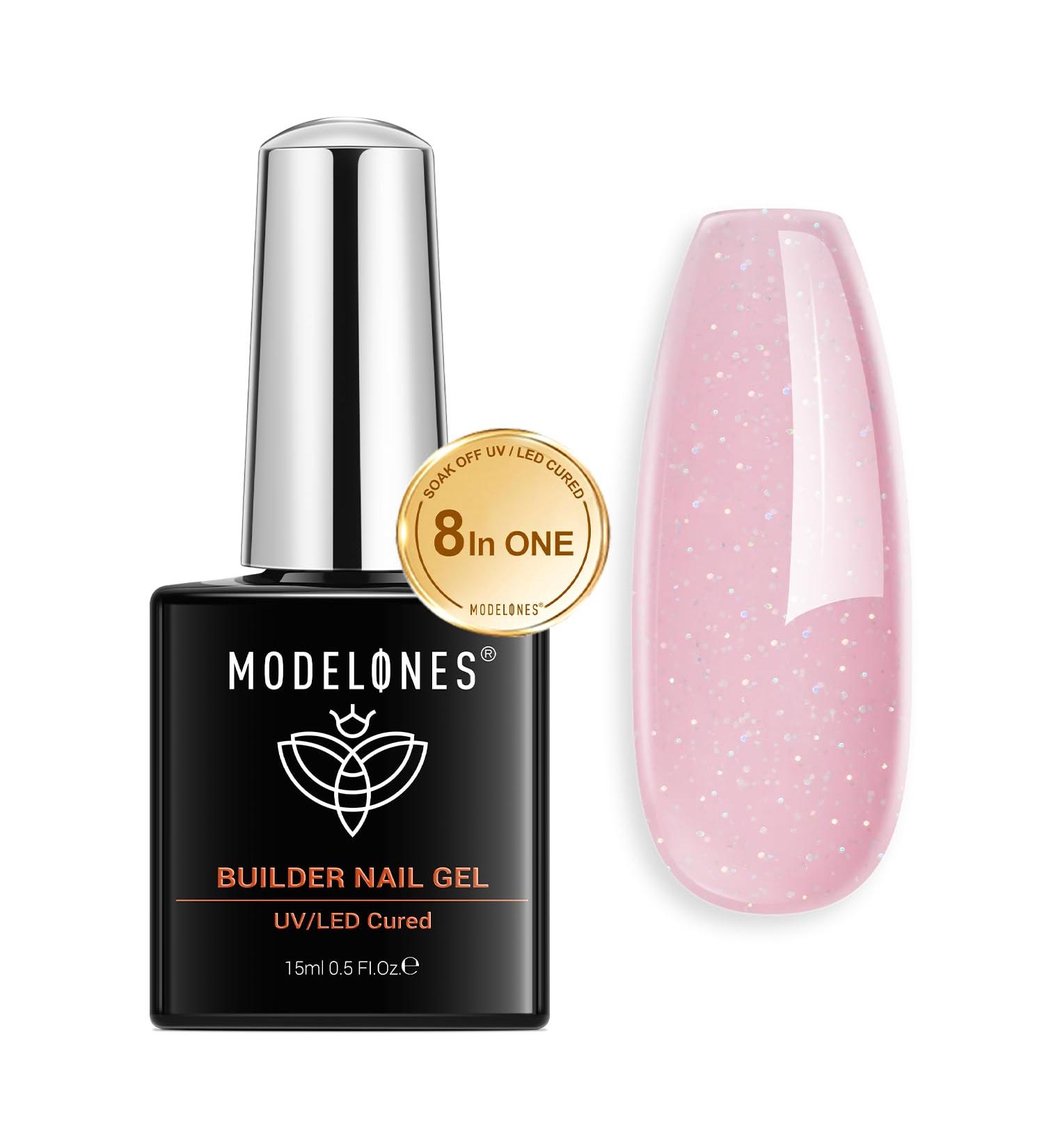 Modelones Nude Glitter Pink Builder Nail Gel - 8-in-1 Strengthener & Extension Gel - 15ML Bottle - Ideal Gift for Women - Buy Online on GoSupps.com
