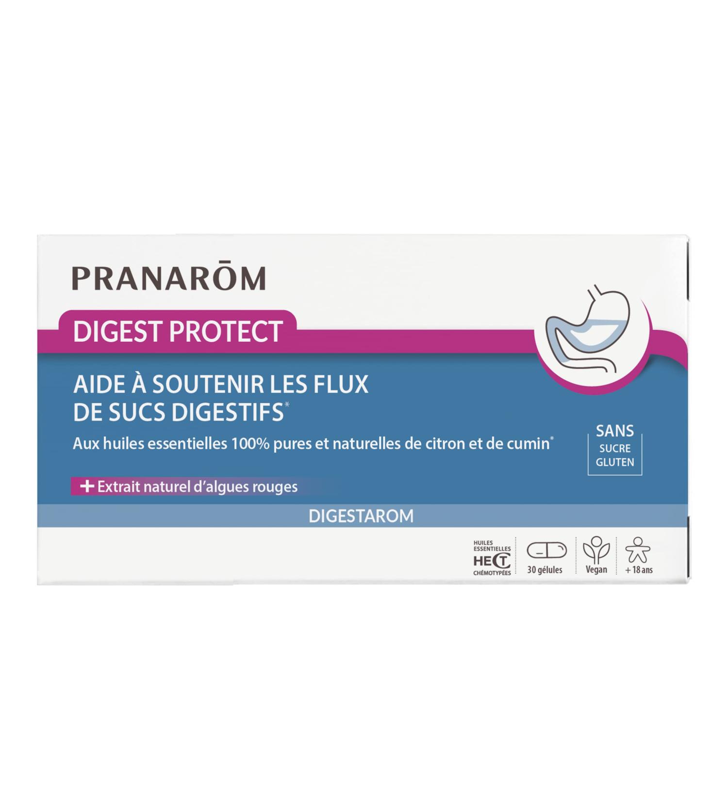 PRANAR M - Digestarom - Digest Protect - Soutient Les Flux De Sucs Digestifs - Huiles Essentielles De Citronnier Et Cumin 100% Pure Et Naturelle - Extrait Naturel D'Algues Rouges - Vegan - 30 G lules - Buy Online on GoSupps.com