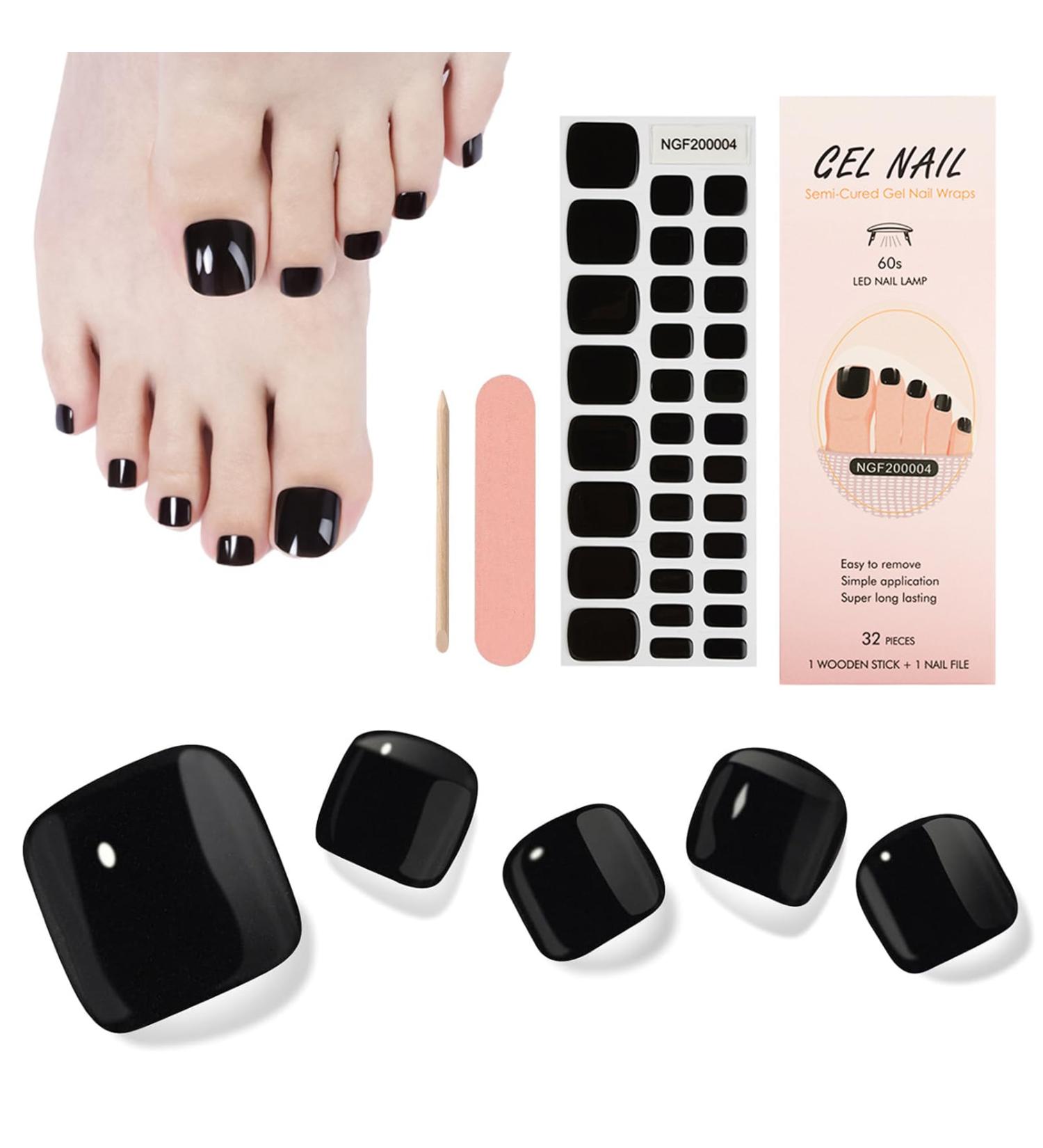 Semi Cured Gel Nail Strips 32 Pcs Black Gel Toenail Sticker Gel Toeail Strips Full Wraps Adhesive Semi Cured Gel Toenail Wrap Pedicure Set with Nail File & Stick (UV/LED Lamp Required) - Buy Online on GoSupps.com