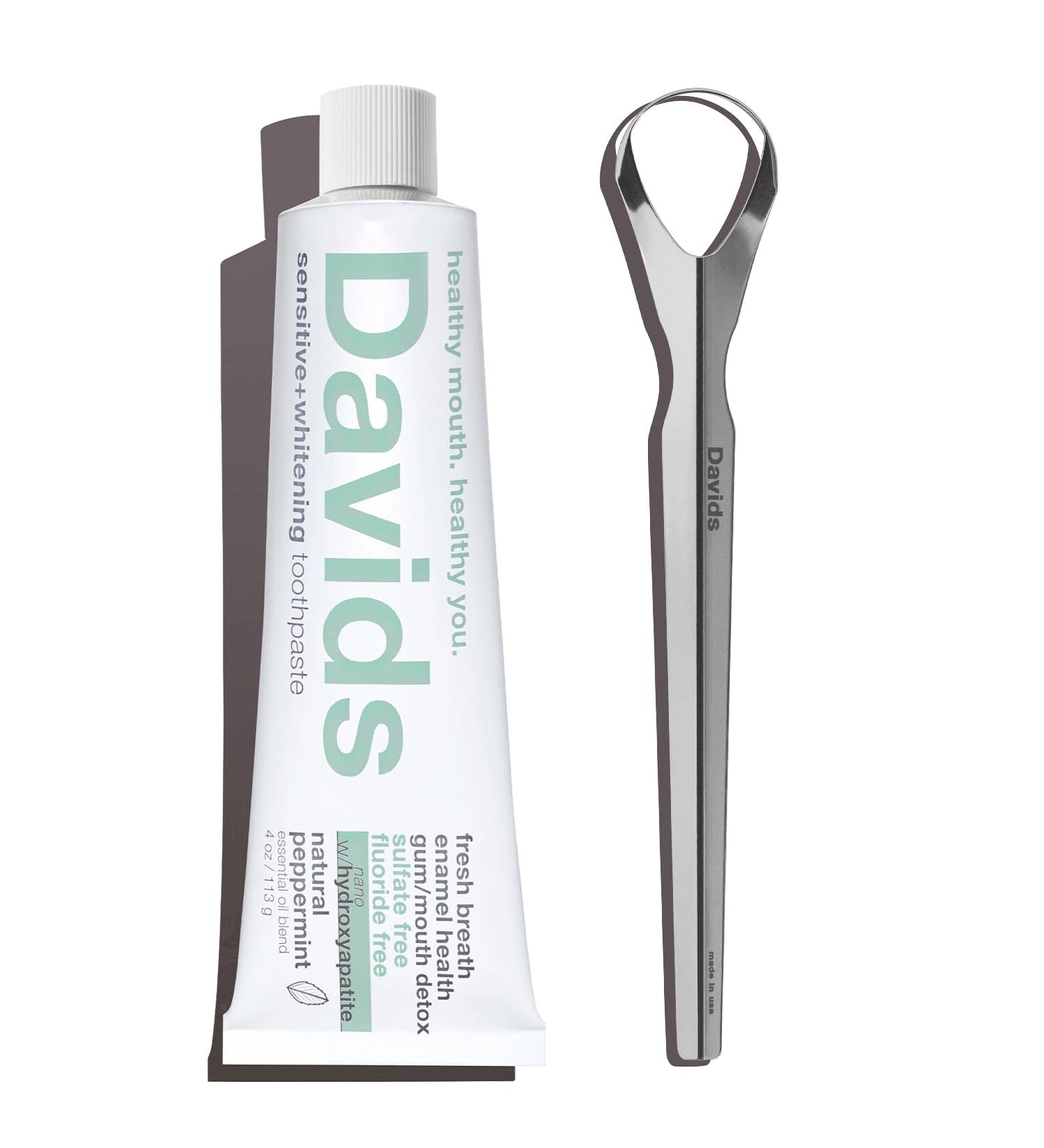 Davids Nano Hydroxi Toothpaste and Tongue Scraper Bundle Remineralize Enamel Sensitive Relief & Teeth Whitening - Antiplaque Fluoride Free SLS Free Peppermint 4oz Made in USA - Buy Online on GoSupps.com