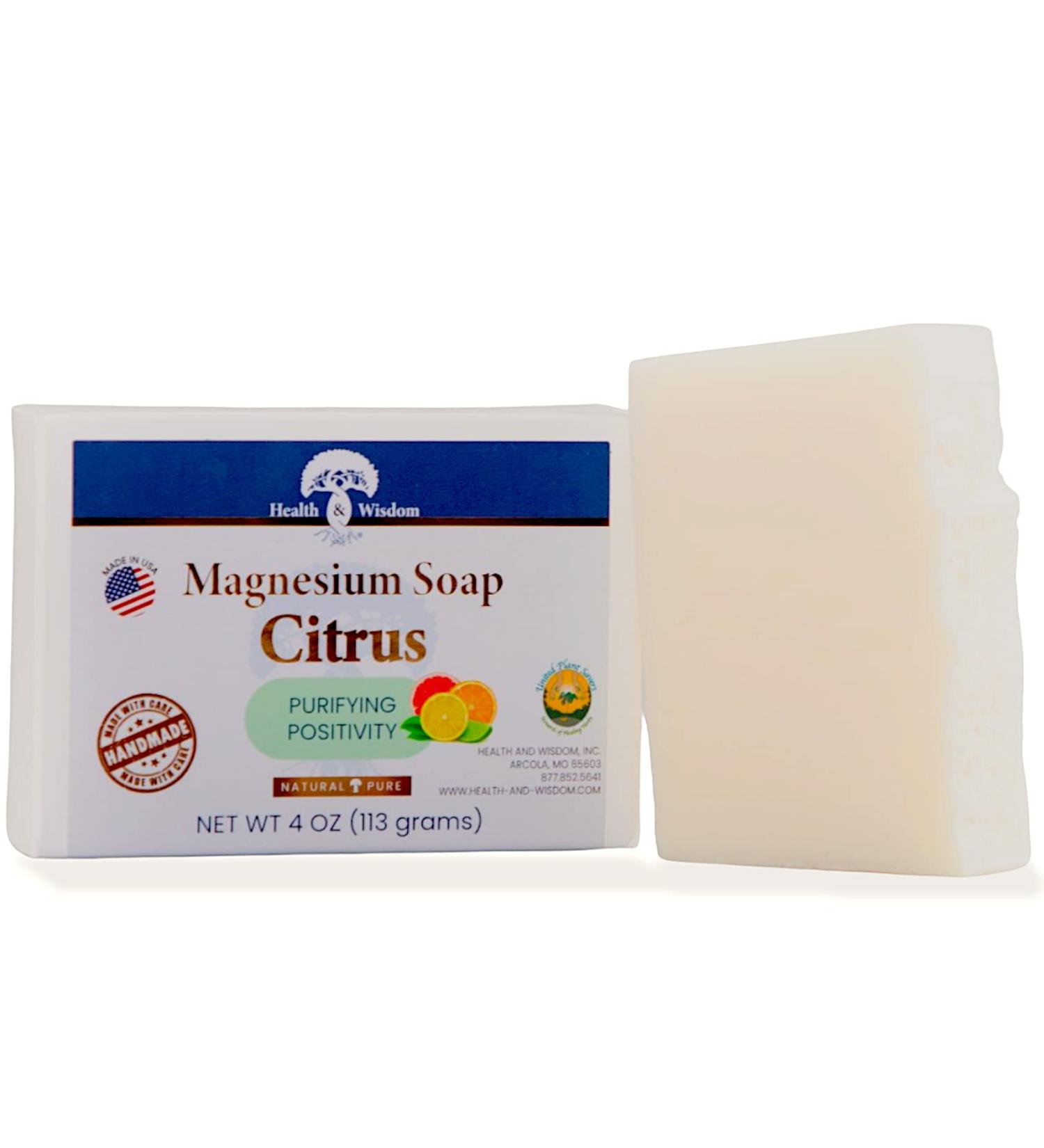Health and Wisdom Magnesium Citrus Soap Bar 4oz | Pure Magnesium Essential Oil and Aloe Vera | Moisturizing Hand & Shower Soap - Buy Online on GoSupps.com