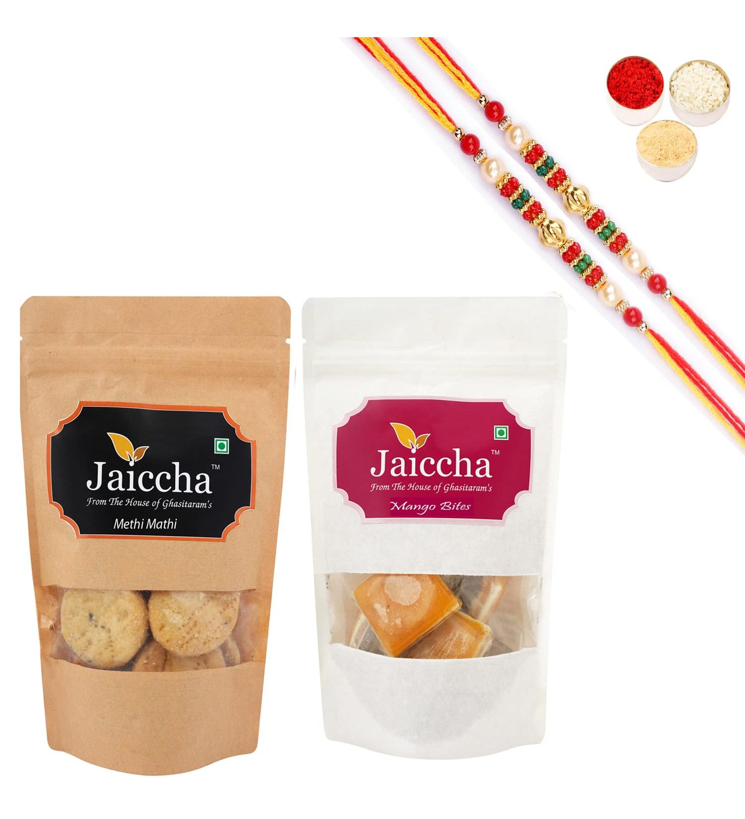 Ghasitaram Gifts Rakhi Gifts for Brothers Rakhi Sweets - Best of 2 Mango Bites 200 GMS and Methi Mathi 150 GMS Pouch with 2 Pearl Beads Rakhis - Buy Online on GoSupps.com