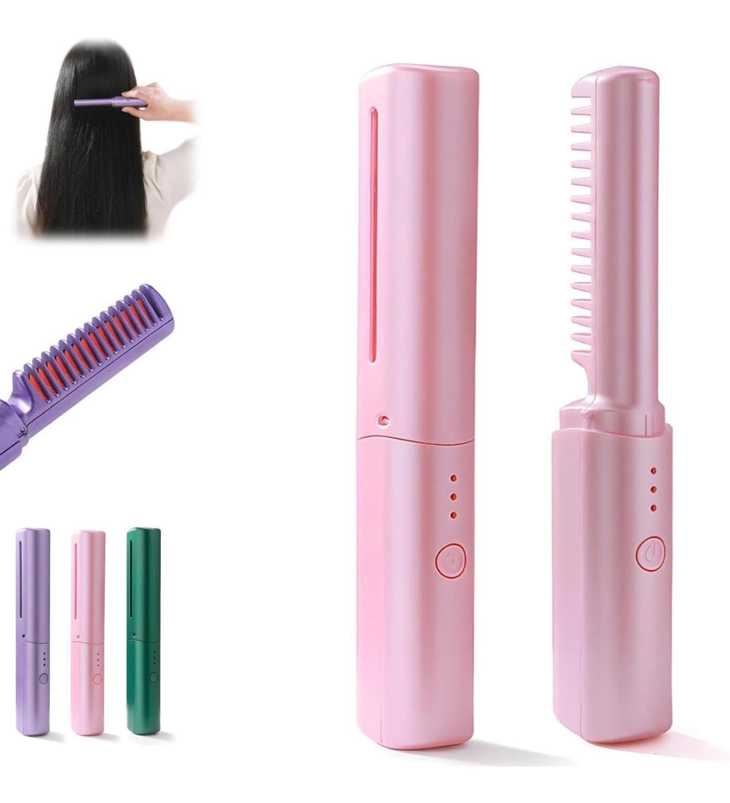 Rechargeable Mini Hair Straightener Comb - Portable Cordless Styling Tool with 3 Temperature Settings - 7.28in Pink for Effortless International Use - Buy Online on GoSupps.com
