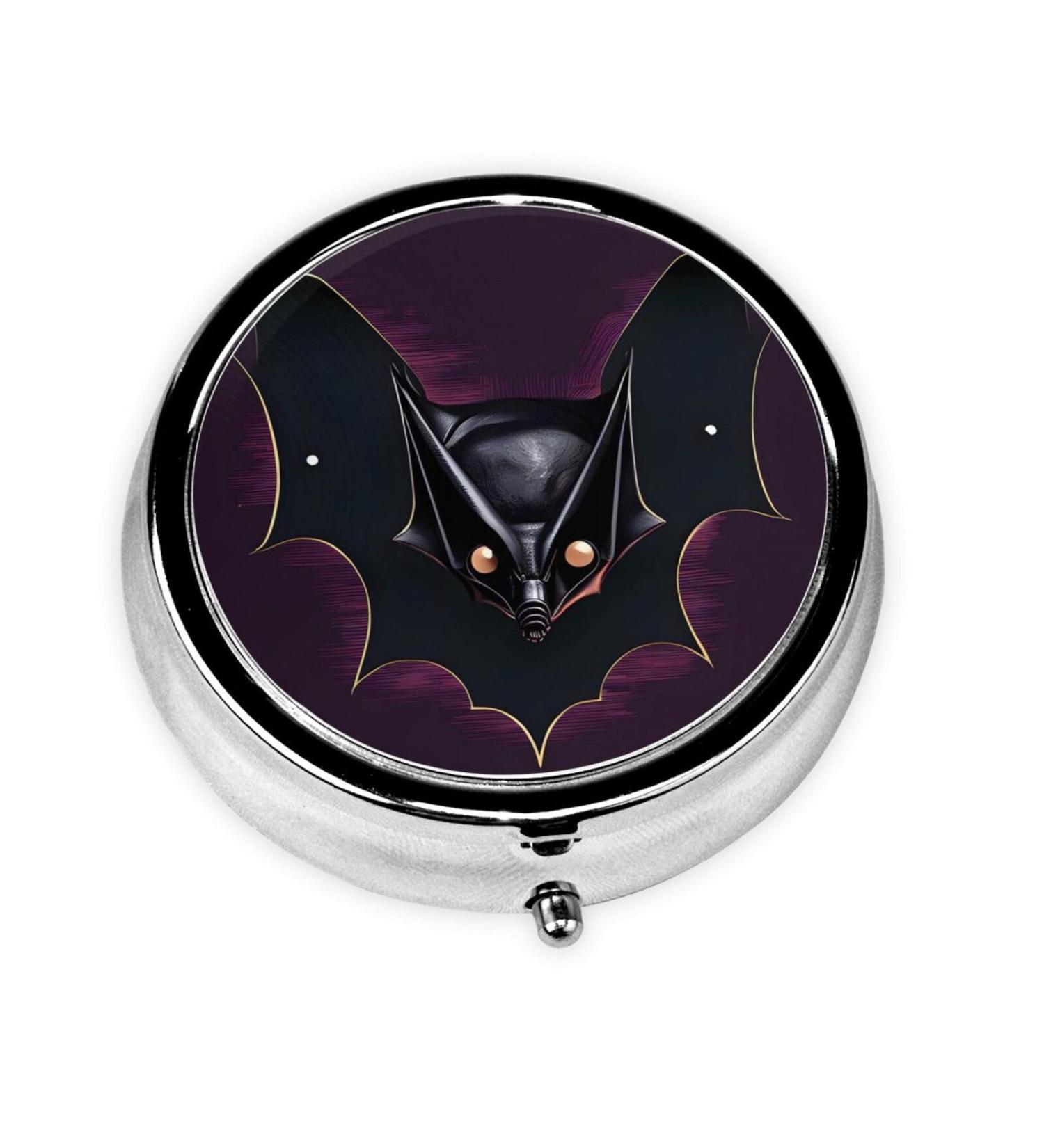Black Ghost Bat Round Pill Box | 3 Compartment Portable Travel Organizer for Medication - Buy Online on GoSupps.com