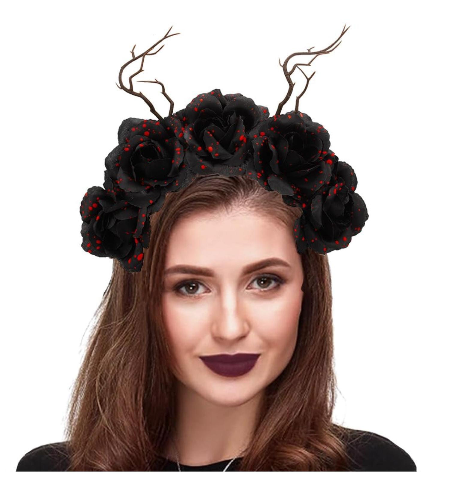 Unicra Halloween Flower Headband Black Rose Headhoop Antler Hairband Day of The Dead Headbands for Costume Party Accessory for Women - Buy Online on GoSupps.com
