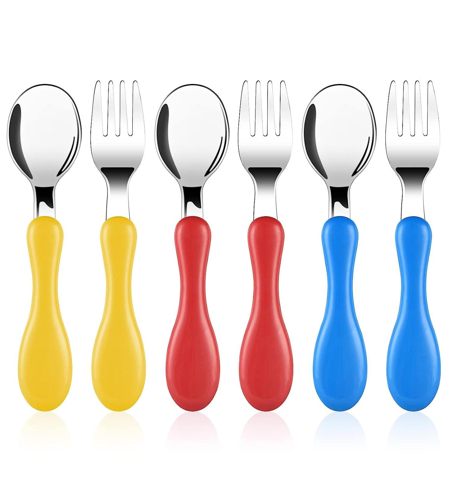 Vicloon Baby Fork and Spoon Set - 6 PCS Stainless Steel Toddler Utensils | Baby Feeding Cutlery Utensils for Kids - Red/Blue/Yellow - Buy Online on GoSupps.com
