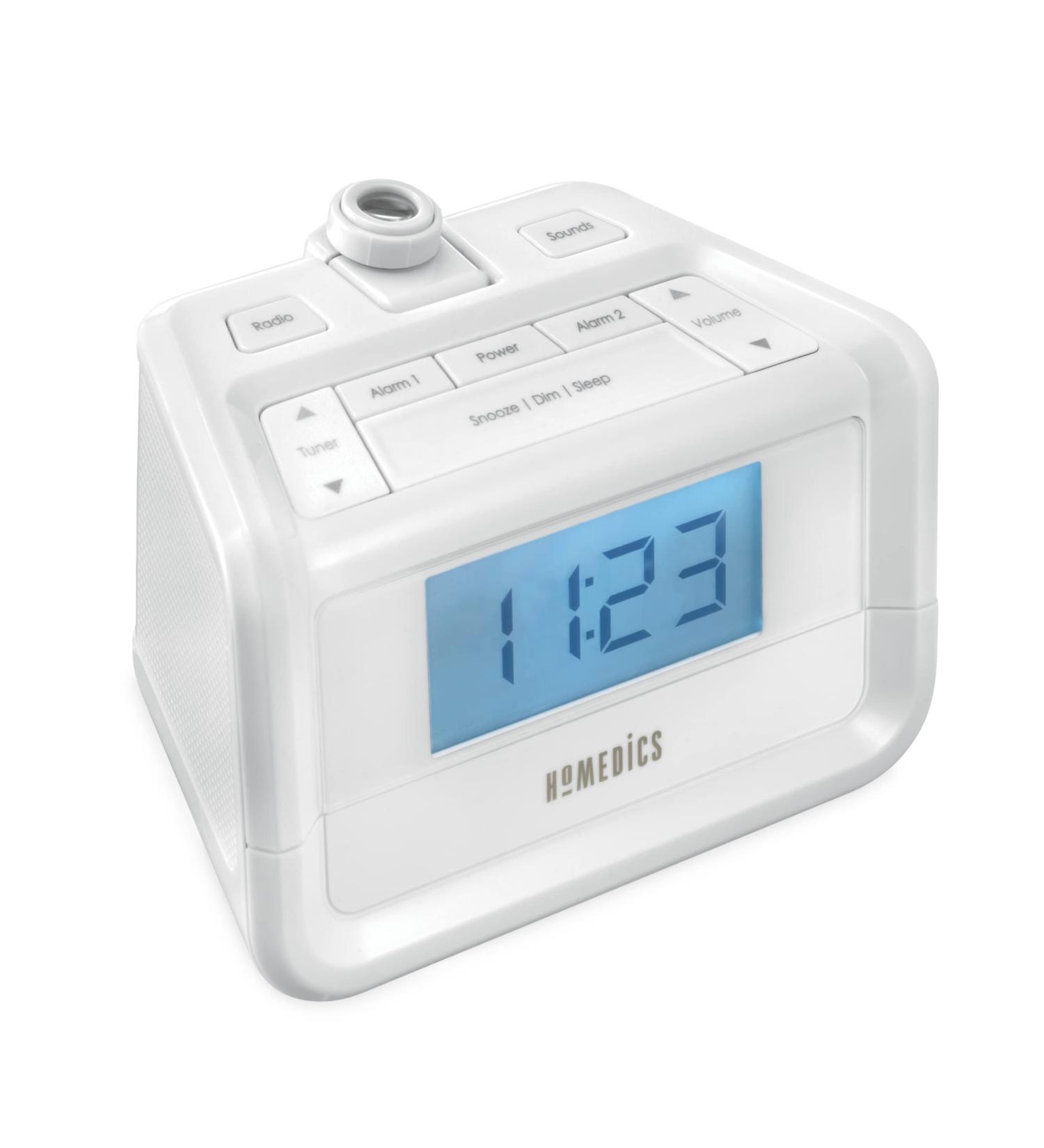 Homedics Sound Machine and Alarm Clock with Time Projection. White Noise Sound Machine with a Digital FM Alarm Clock Radio  8 Sounds  Snooze  Sleep Timer and Night Light - Buy Online on GoSupps.com