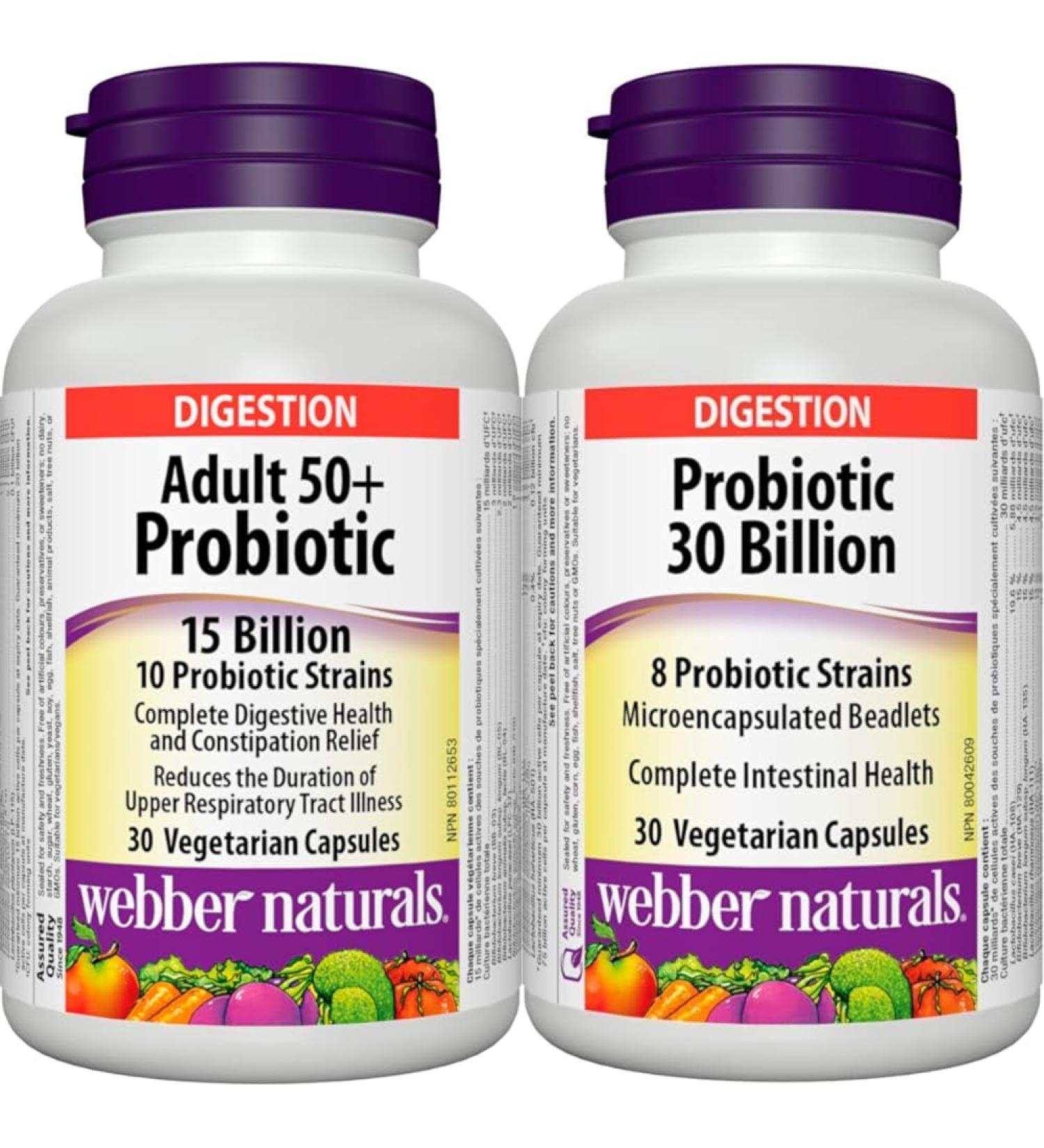 Webber Naturals Probiotic Adult 50+ 15 Billion Active Cells 10 Probiotic Strains 30 Capsules For Digestive Health and Constipation Relief Vegan & Probiotic 30 Billion Active Cells SUPPLEMENT + SUPPLEMENT mgahj-424 - Buy Online on GoSupps.com