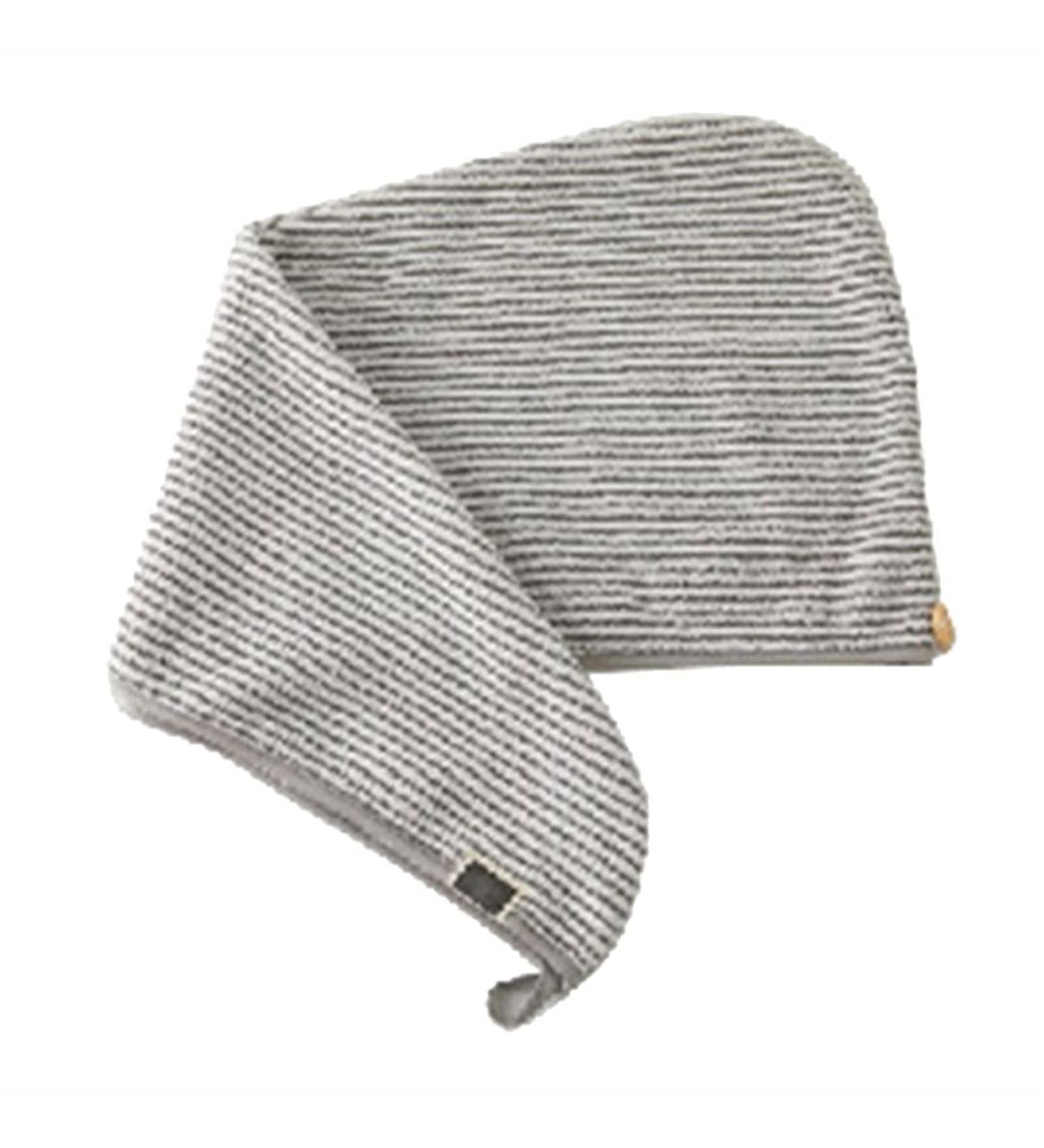Bamboo Microfiber Hair Towel Wrap Fast Drying Gray Striped Shower Turban with Button | Super Absorbent Anti-Frizz Bath Towel - Buy Online on GoSupps.com