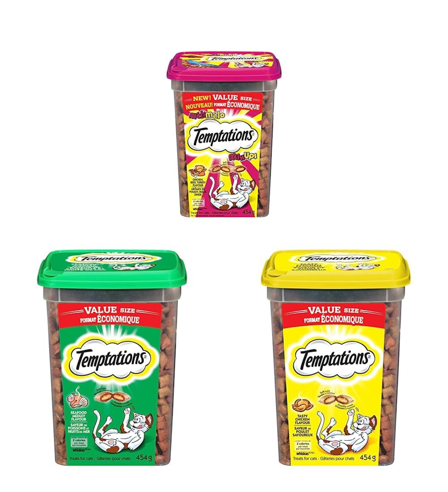 Temptations Mix-Ups Cat Treats (Chicken Turkey & Beef Flavour) 454g Tub & Temptations Cat Treats Seafood Medley Flavour 454g Tub & Temptations Cat Treats Tasty Chicken Flavour 454g Tub Cat Treats+ Cat Treats+ Cat Treats Chicken - Turkey - Beef 454 g (Pack - Buy Online on GoSupps.com
