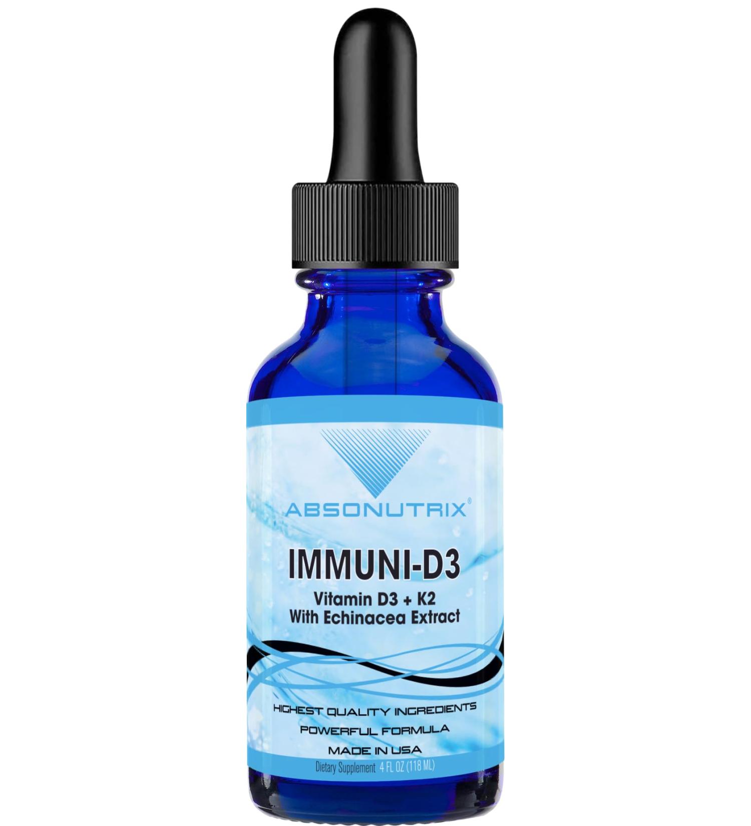 Absonutrix Immuni-D3 Liquid Vitamin D3 Supplement 390 mg 4 FL OZ Liquid 302 Servings Made in USA Plant-Based Ingredients Vitamin D3 Echinacea Extract and Ginger Extract Gluten-Free Non-GMO - Buy Online on GoSupps.com