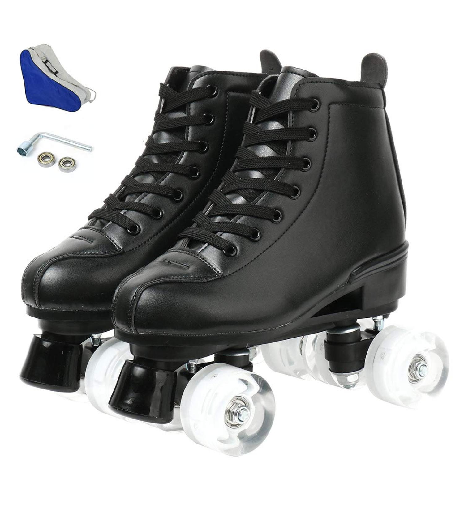 Magnitt Women's Adjustable High-top Roller Skates - Black Leather Double Row Skates - Indoor/Outdoor - Size 38US7 - Buy Online on GoSupps.com