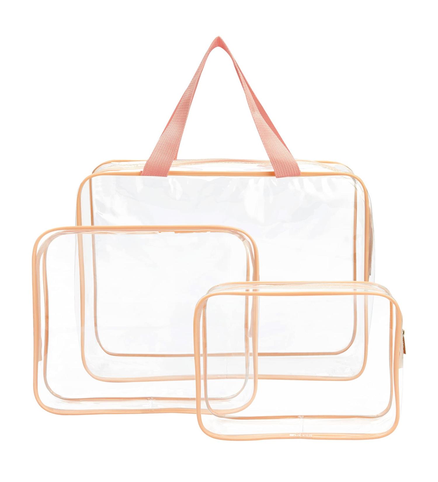 3 Pieces Clear Travel Makeup Bags Set - TSA Approved Toiletry Organizer Storage Cubes with Zipper, Waterproof PVC Transparent Design - Pink - Buy Online on GoSupps.com