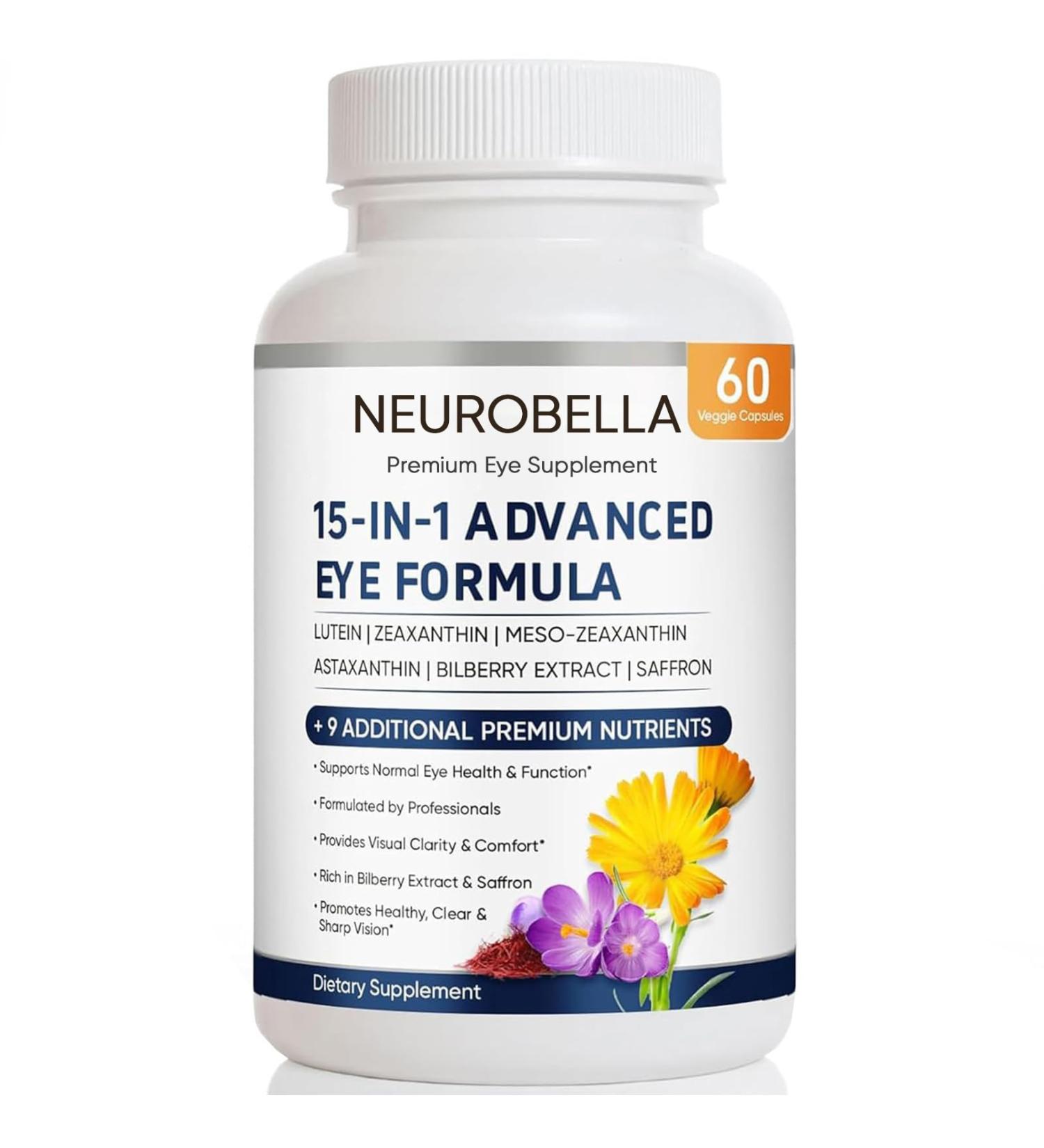 Neurobella Eye Formula 15 in 1 Daily Eye Wellness Supplement with Lutein Zeaxanthin Bilberry & Vitamins Clean Capsule Formula for Adult Wellness Routine (1) - Buy Online on GoSupps.com