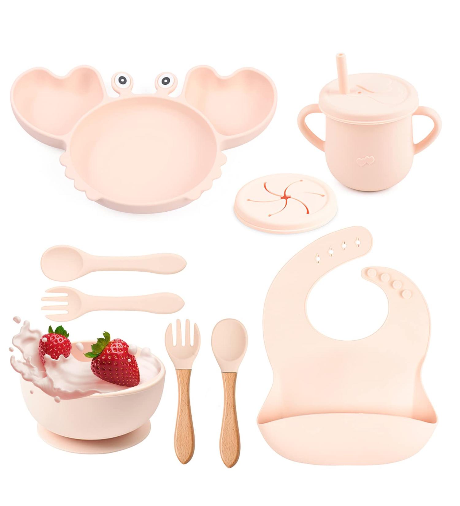 Silicone Toddler Feeding Set with Suction Plate, Bowl, Sippy Cup, Bib & Spoon - Easy Clean Baby Weaning Set (Light Pink Y22) - Buy Online on GoSupps.com