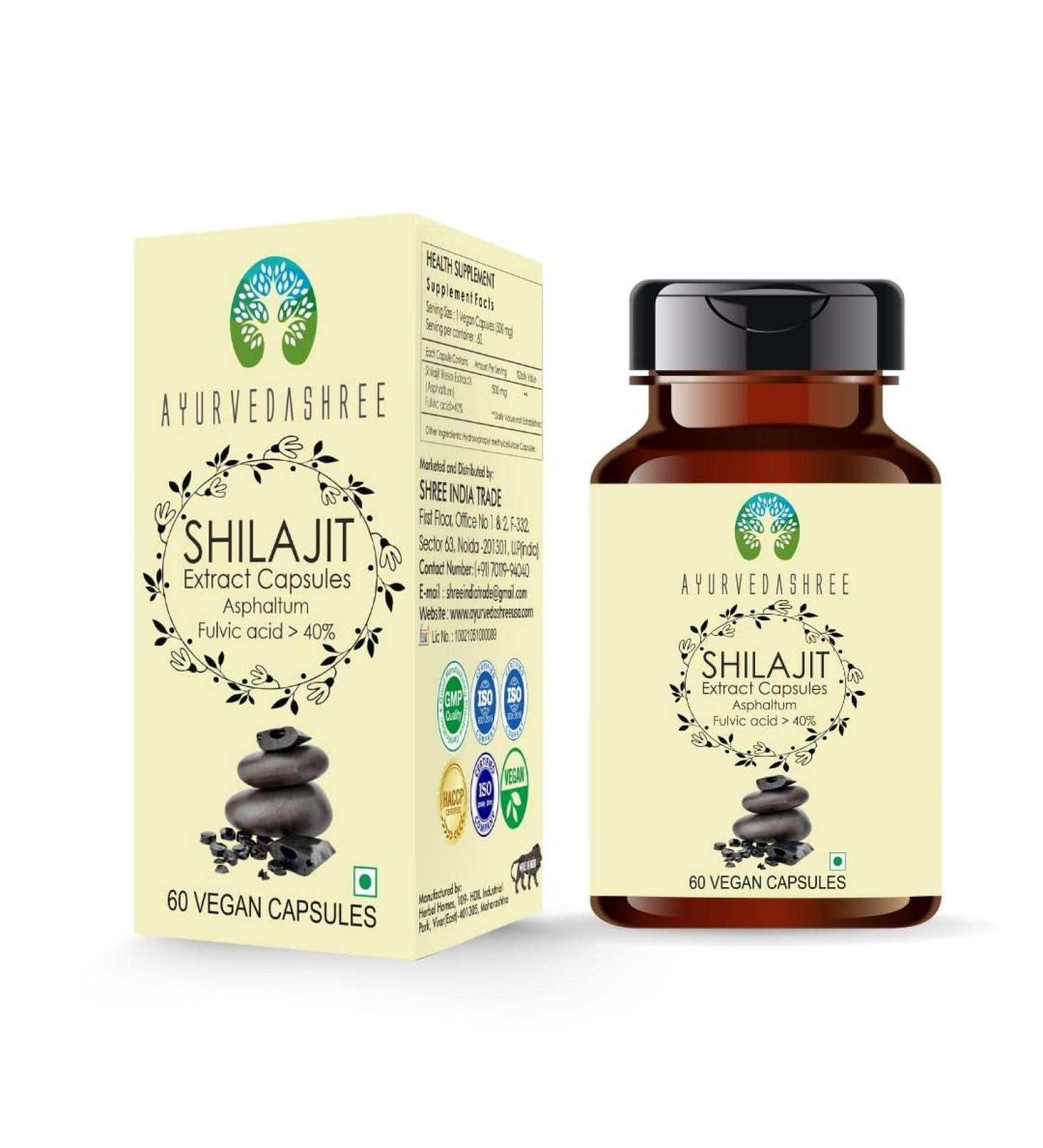 AYURVEDASHREE Shilajit Extract Capsules 1000mg with 40%+ Fulvic Acid 60 Veg Capsules for Men & Women - Buy Online on GoSupps.com