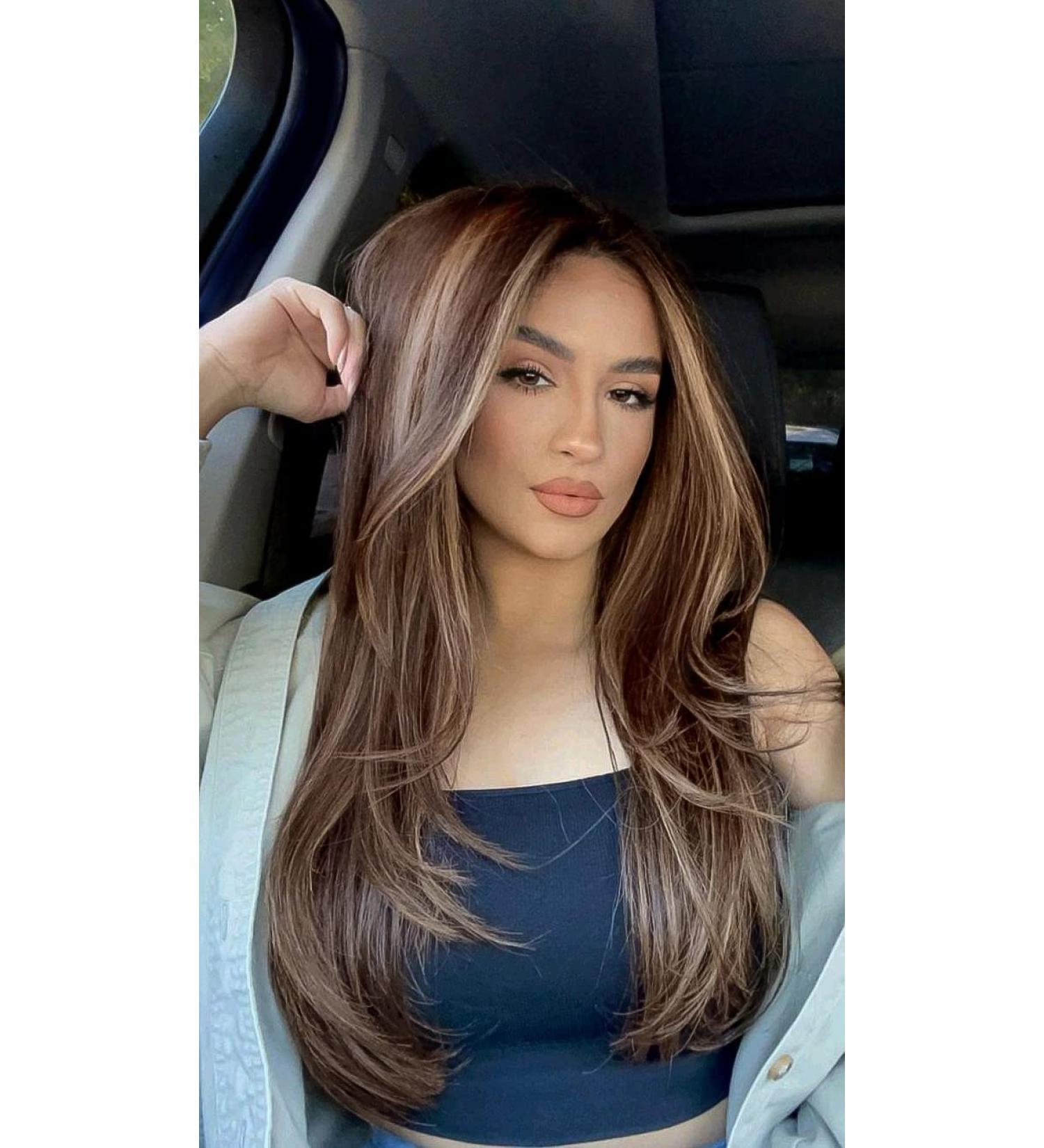 Vebonny 22-Inch Dark Brown & Blonde Highlights Lace Front Wig - Synthetic Straight Wig #097 - Buy Online on GoSupps.com