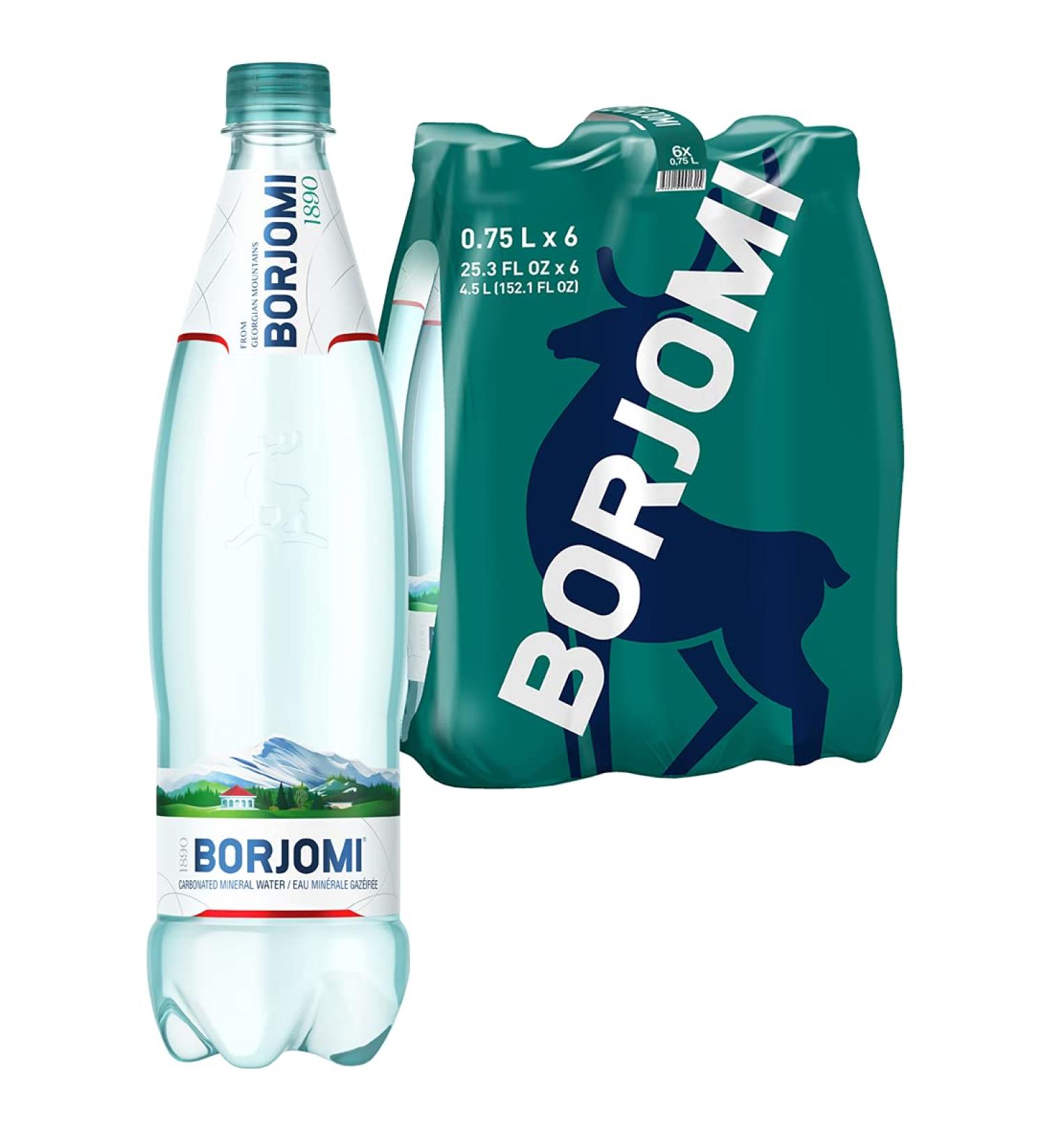 Borjomi Carbonated Mineral Water - 6 Pack PET Bottled Water (750 mL each) - 100% Carbonated Natural Mineral Water - Volcanic Water carbonated by natural CO2 With No Artificial Ingredients or Sweeteners from Mineral-Rich well in Caucasus Mountains - Buy Online on GoSupps.com