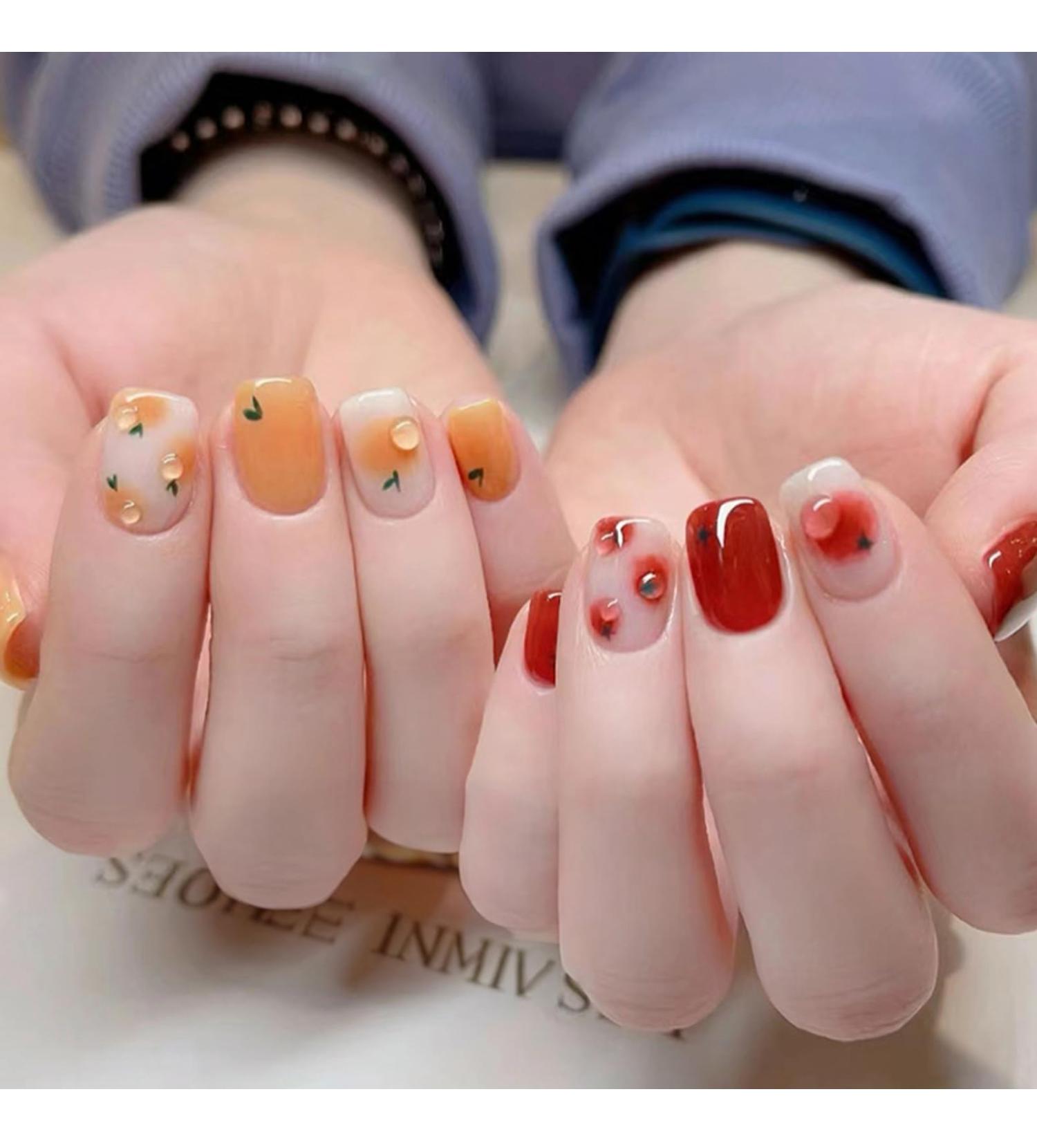 24-Piece Red Orange French Press-On Nails | Full Cover Acrylic Fingernails with Nail Glue Stickers | Heart Design for Women & Girls Nail Art - Buy Online on GoSupps.com