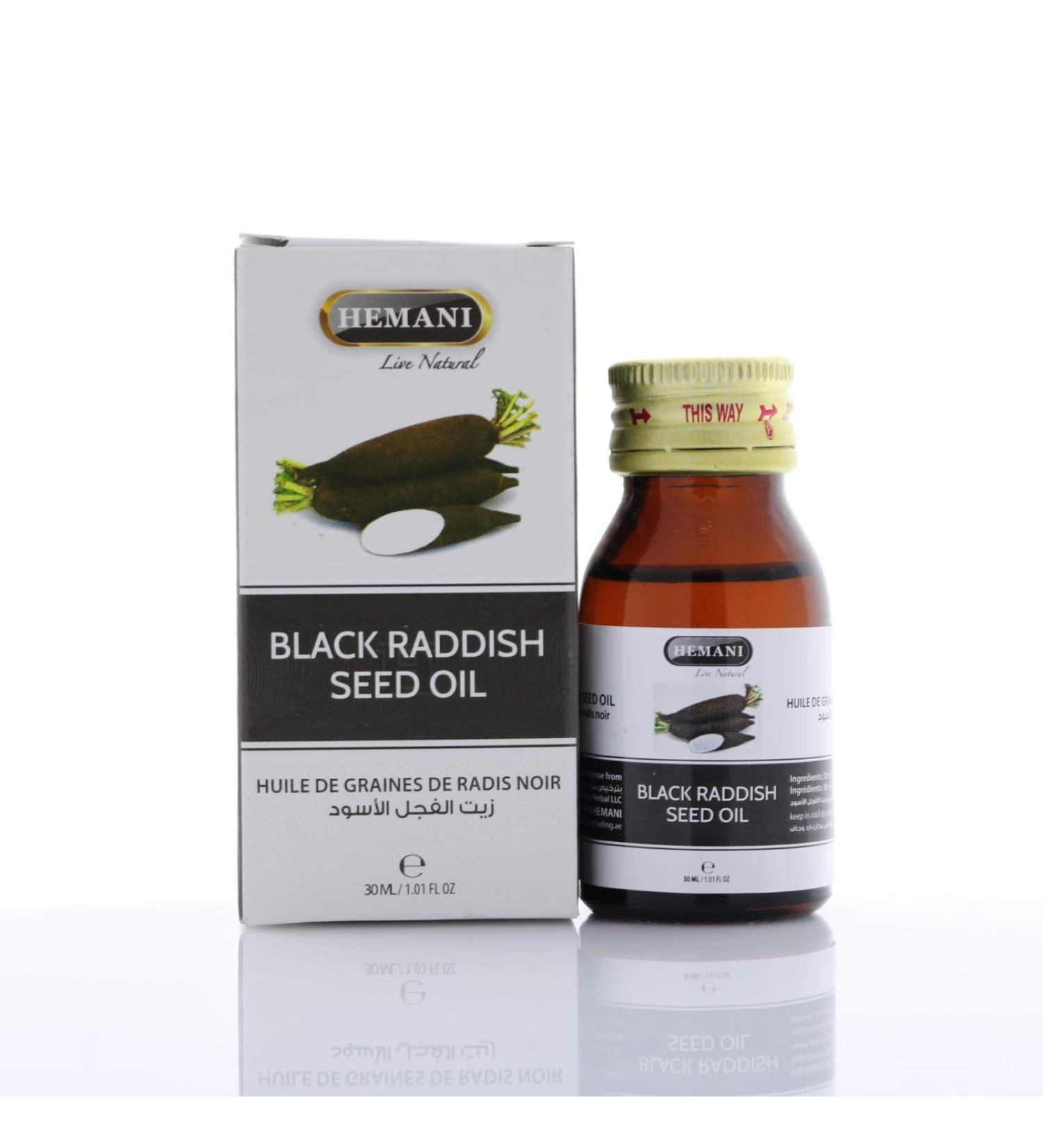 Hemani Black Radish Oil Raphanus sativus Zayt al-Fijl al-Aswad 30ml | 100% Natural Halal Essential Oil for Wellness Skincare Haircare and Culinary Delights. - Buy Online on GoSupps.com